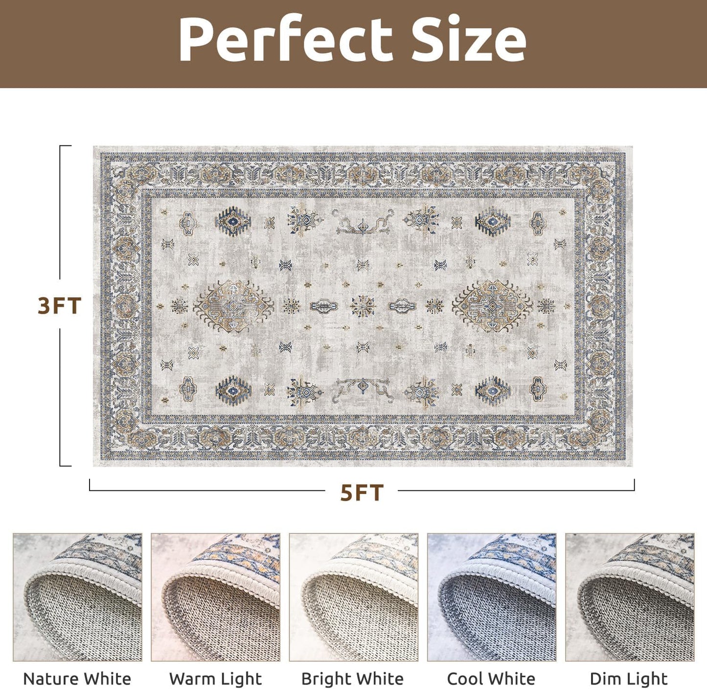 AMOAMI-Vintage Area Rug 3x5 Grey Rugs for Living Room-Soft Washable Rug Non Slip Entryway Rug Indoor Vintage Throw Accent for Bedroom Laundry Room Dining Bathroom Bedside