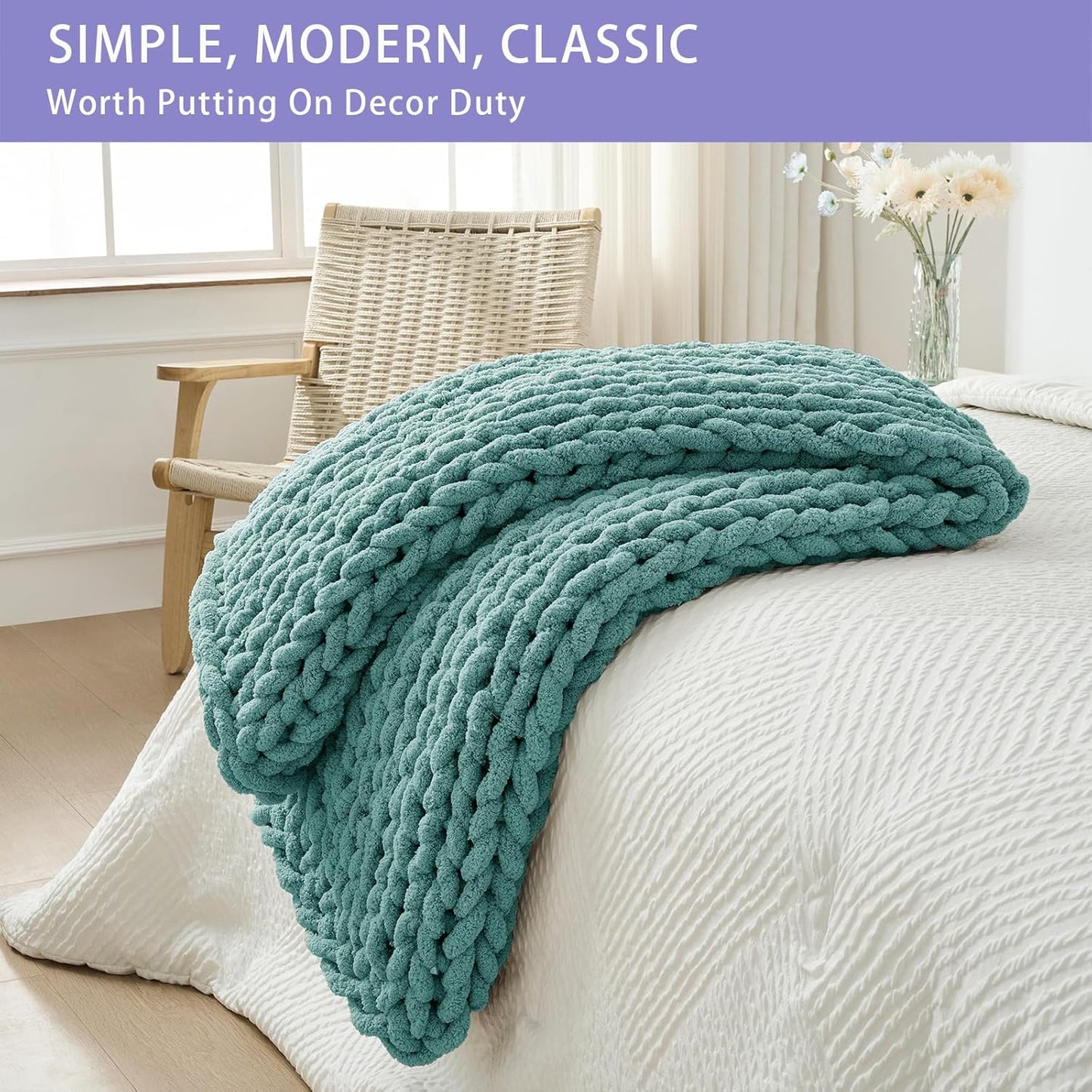 Bigacogo Chunky Knit Throw Blanket for Couch, 40x40 inches, 100% Hand Knitted with Thick Jumbo Chenille Yarn, Cozy Soft Large Rope Knot Cable Crochet Blankets for Sofa Bed Living Room, Light Teal