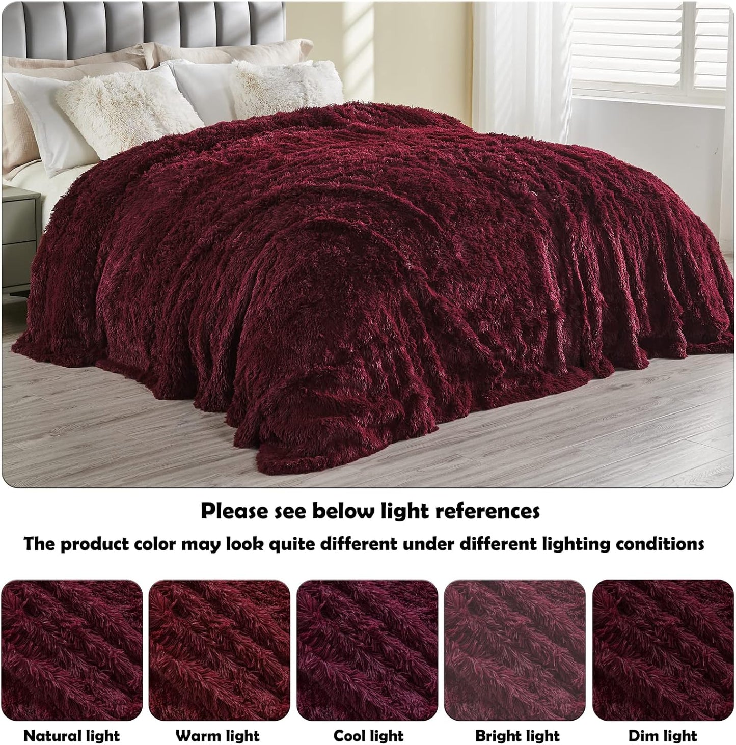 GONAAP Fuzzy Faux Fur Throw Blanket Queen Size Wine Red Super Soft Cozy Plush Fuzzy Shaggy Blanket for Couch Sofa Bed (Wine Red, Queen(90"x90"))