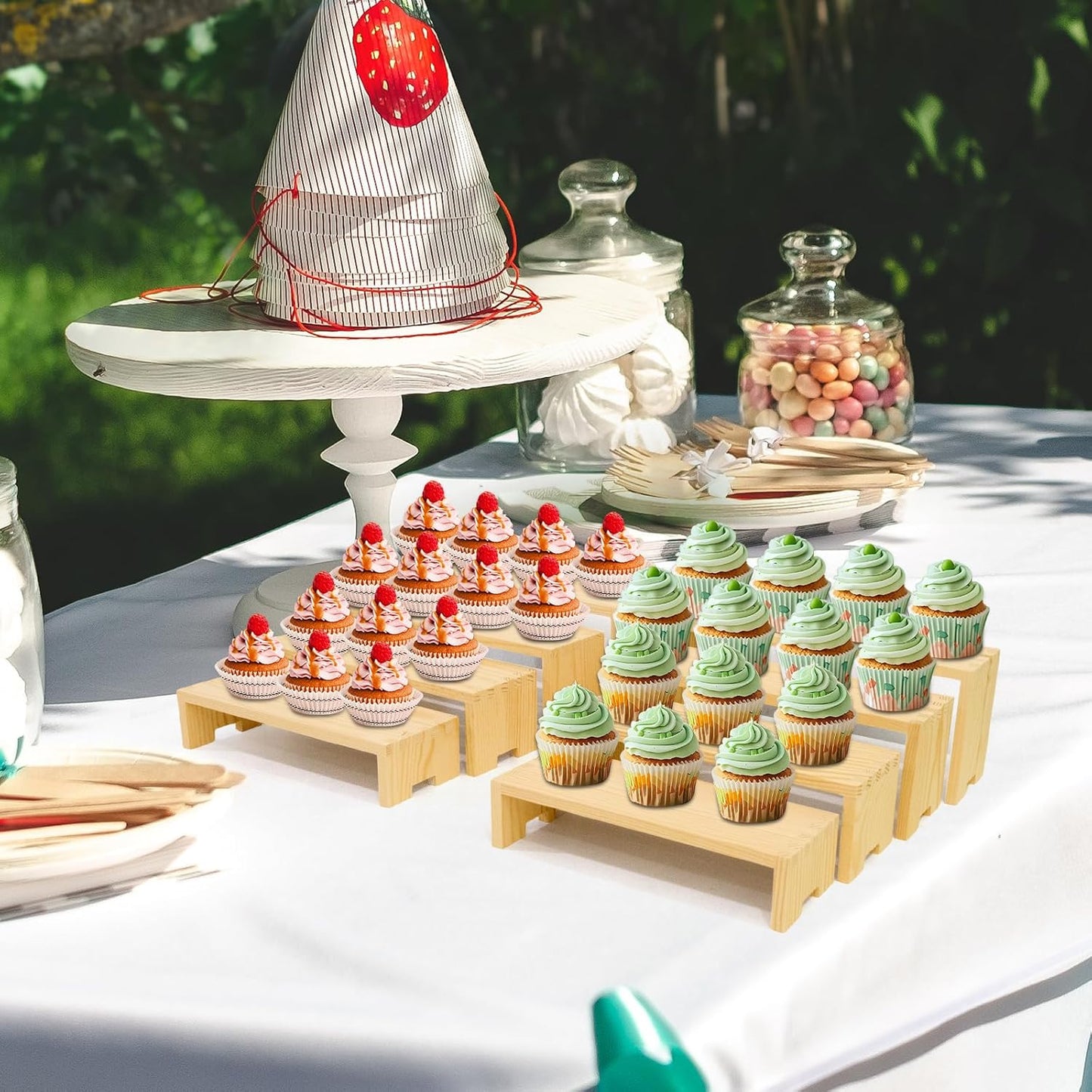 Large Display Wood Risers Wooden Stand 8 Tier Wood Racks Decorative Rectangular, 2 Set 8 Pieces Cupcake Stands Cologne Perfume Organizer Dessert Showcase Items(nature)