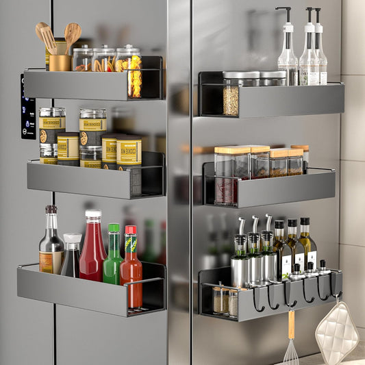6 Pack Magnetic Spice Rack for Refrigerator, Black Magnetic Shelf for Kitchen Organizer and Storage, Mini Organizers for Oven and Fridge with 6 Hooks