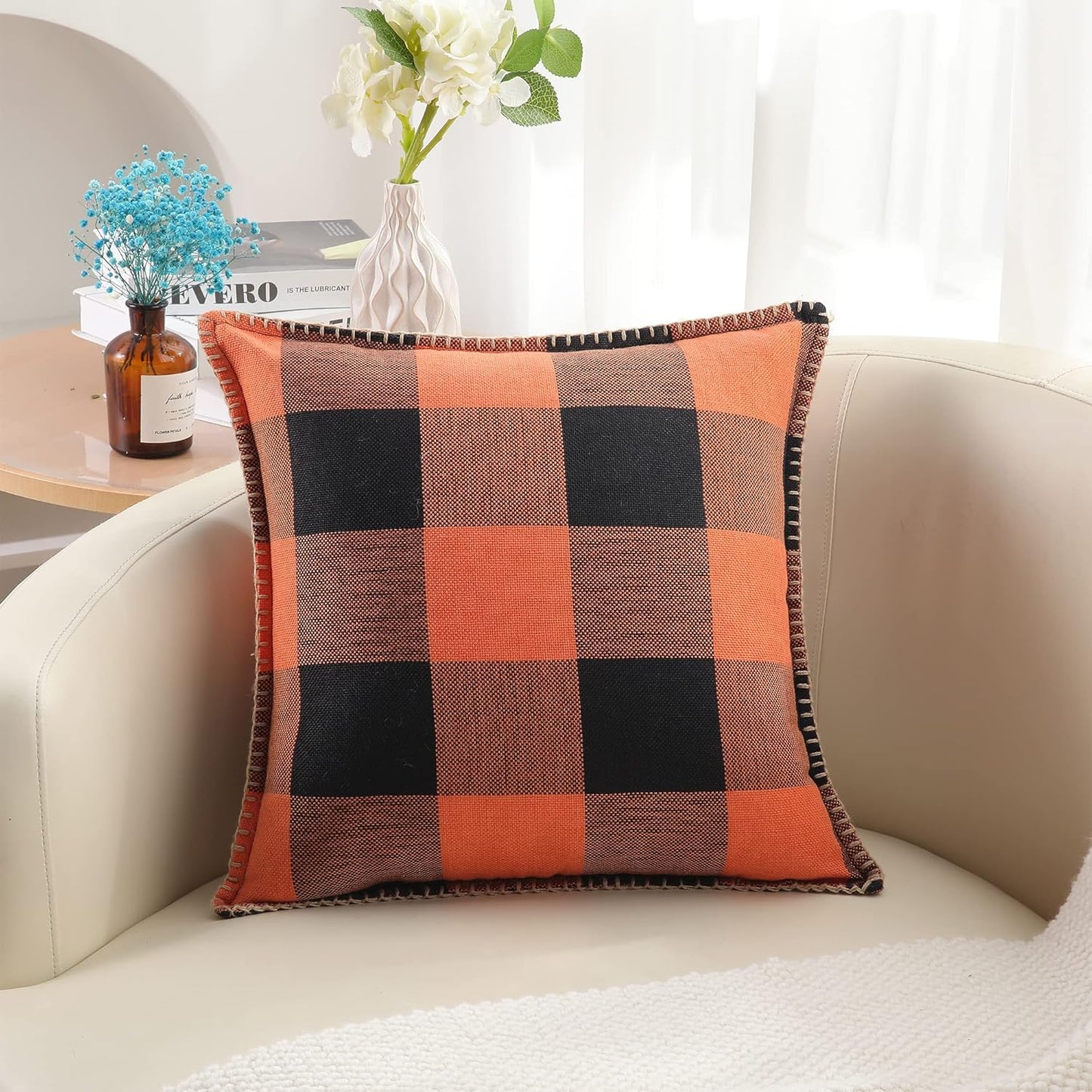 decorUhome Fall Orange and Black Decorative Throw Pillow Covers 18x18 Set of 2, Buffalo Plaid Check Farmhouse Cushion Covers with Stitched Edge for Autumn Harvest Couch Sofa Bed Home Decor