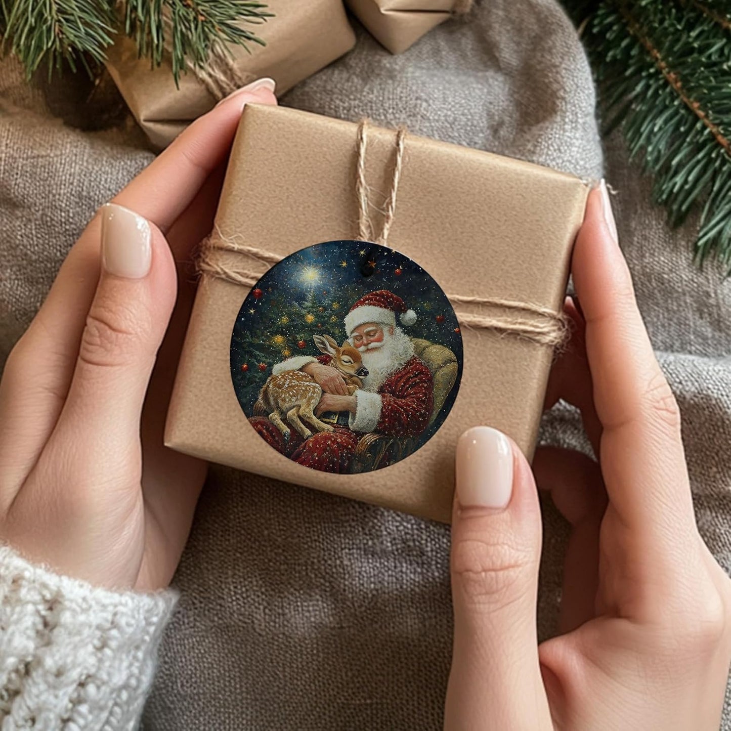 Vintage Christmas Santa Deer Ceramic Ornament Gifts, Rustic Winter Christmas Decorative Hanging Ornaments for Xmas Tree Holiday Party Decoration, Santa Deer Xmas Tree Decorations