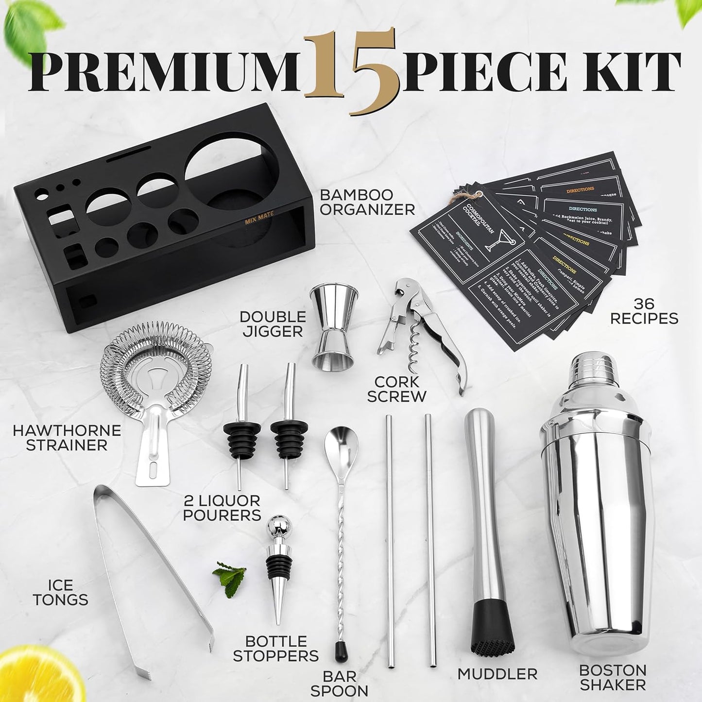 Mixology Bartender Kit with Stand - 15 Piece Bar Tool Set, Silver Bar Set Cocktail Shaker Set for Drink Mixing - Includes Martini Shaker, Jigger, Strainer, Bar Mixer Spoon, Tongs, Opener | Gift Idea