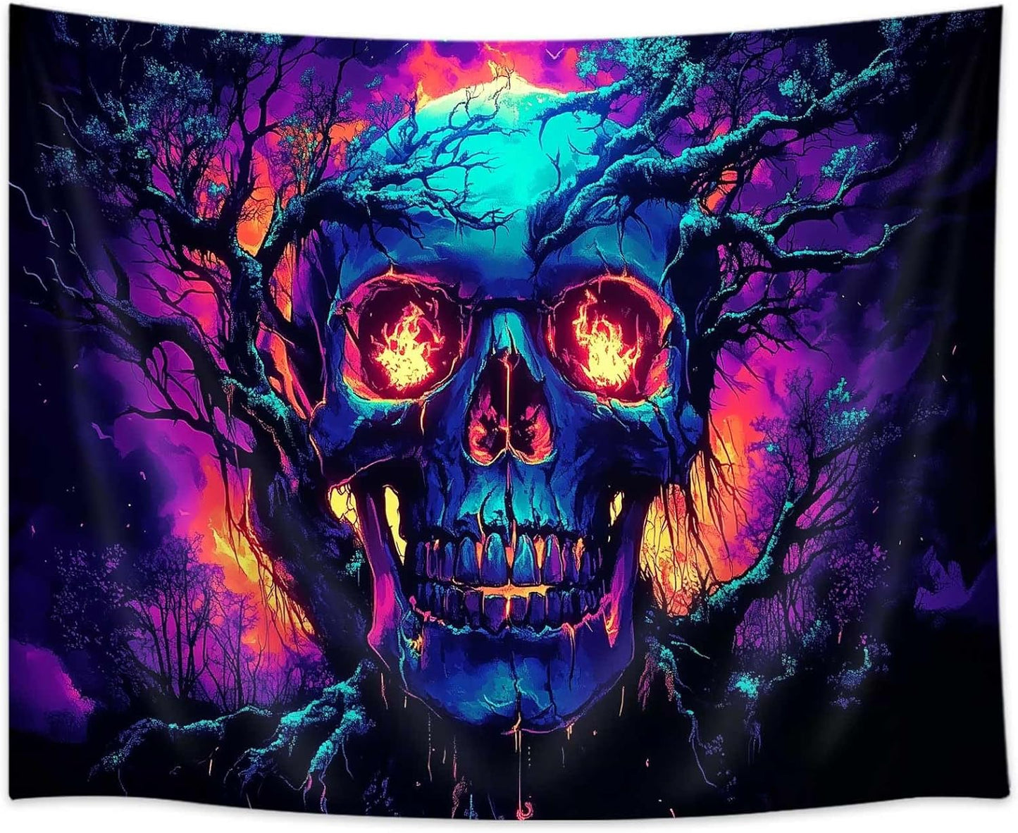 Xiaoput Blacklight Fire Skull Tapestry for Bedroom, Trippy UV Reactive Burning Skeleton Forest Wall Hanging Tapestries, Scary Dark Horror Glow in the Dark Tapestries for Living Room Home Dorm 60X40IN