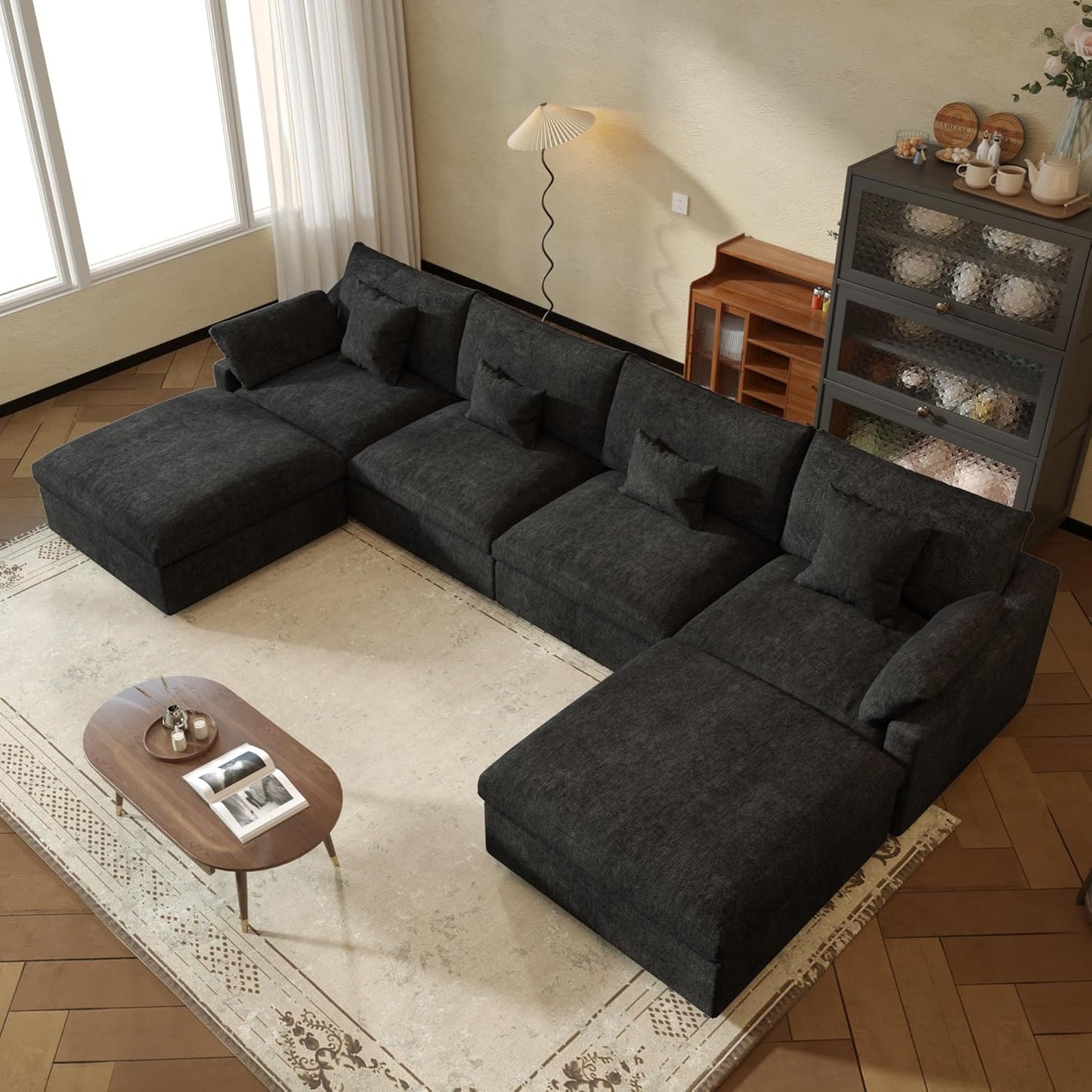 JACH U-Shaped Sectional Couches for Living Room, Cloud Sectional Couch with Deep Seat, 155.9" Modular Sofa with Chaise, Covers Removeable & Washable, Sofas Furniture for Living Room, Black