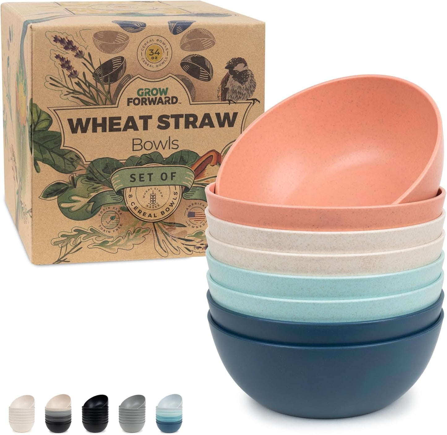 Grow Forward Premium Wheat Straw Bowls - 34oz Microwave Safe Plastic Cereal Bowls Set of 8 for Kitchen, Camping, RV, Dessert, Snack, Soup, Salad, Fruit - Reusable, Unbreakable & BPA Free - Tropical