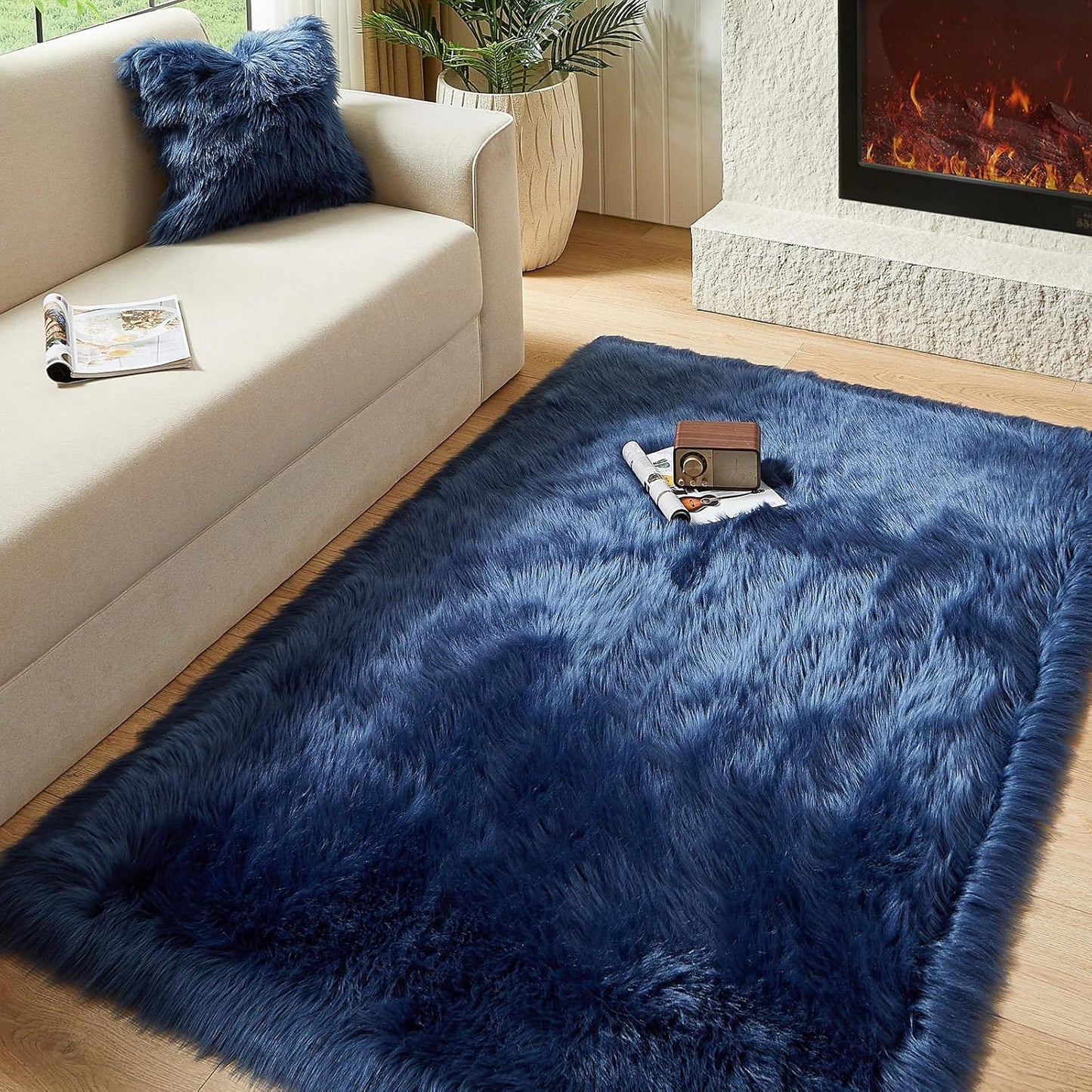 AMTOVO Faux Fur Sheepskin Rug for Living Room, 4 x 6 ft Dark Blue Fluffy Area Rug for Bedroom, Playroom, Luxury Room Decor, Rectangle