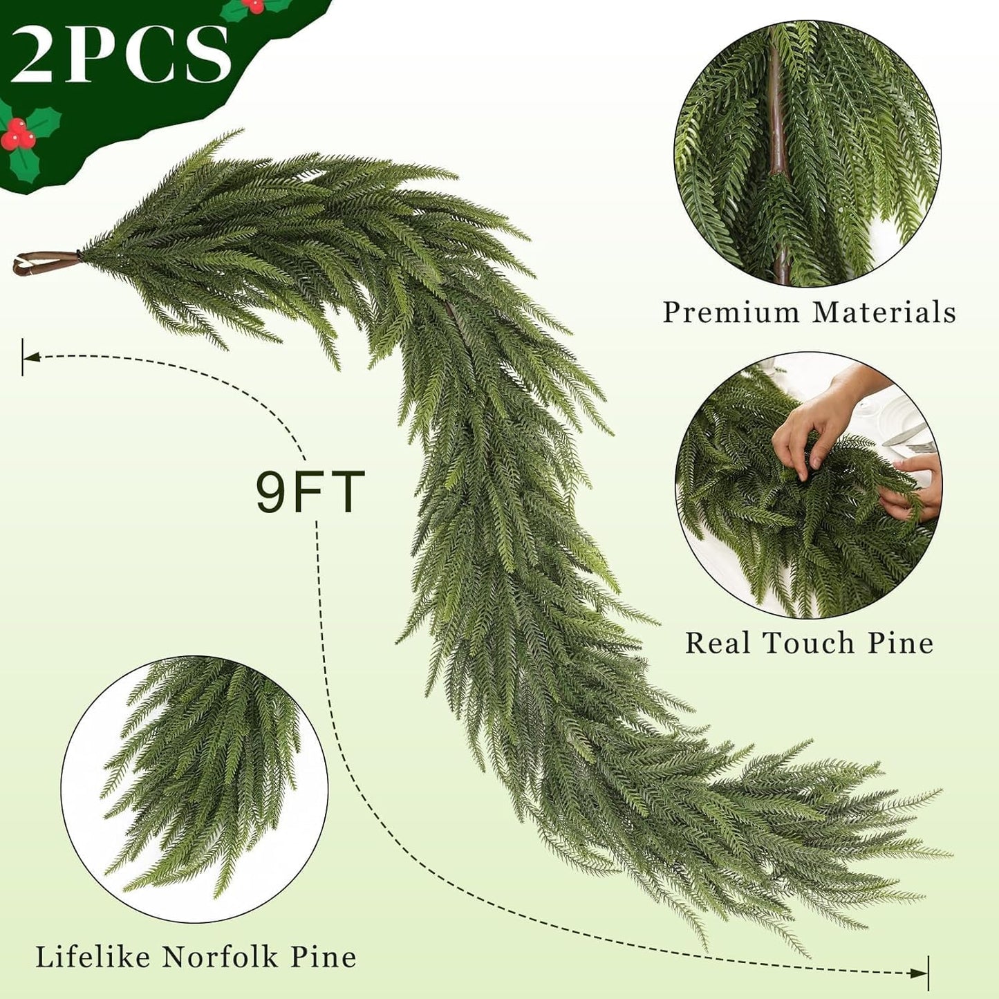 9FT Christmas Norfolk Pine Garland -2PCS, Artificial Pine Needles Garlands Faux Greenery Fake Garland for Holiday Fireplace,Table,Window,Stairs,Mante,Indoor Outdoor Decor
