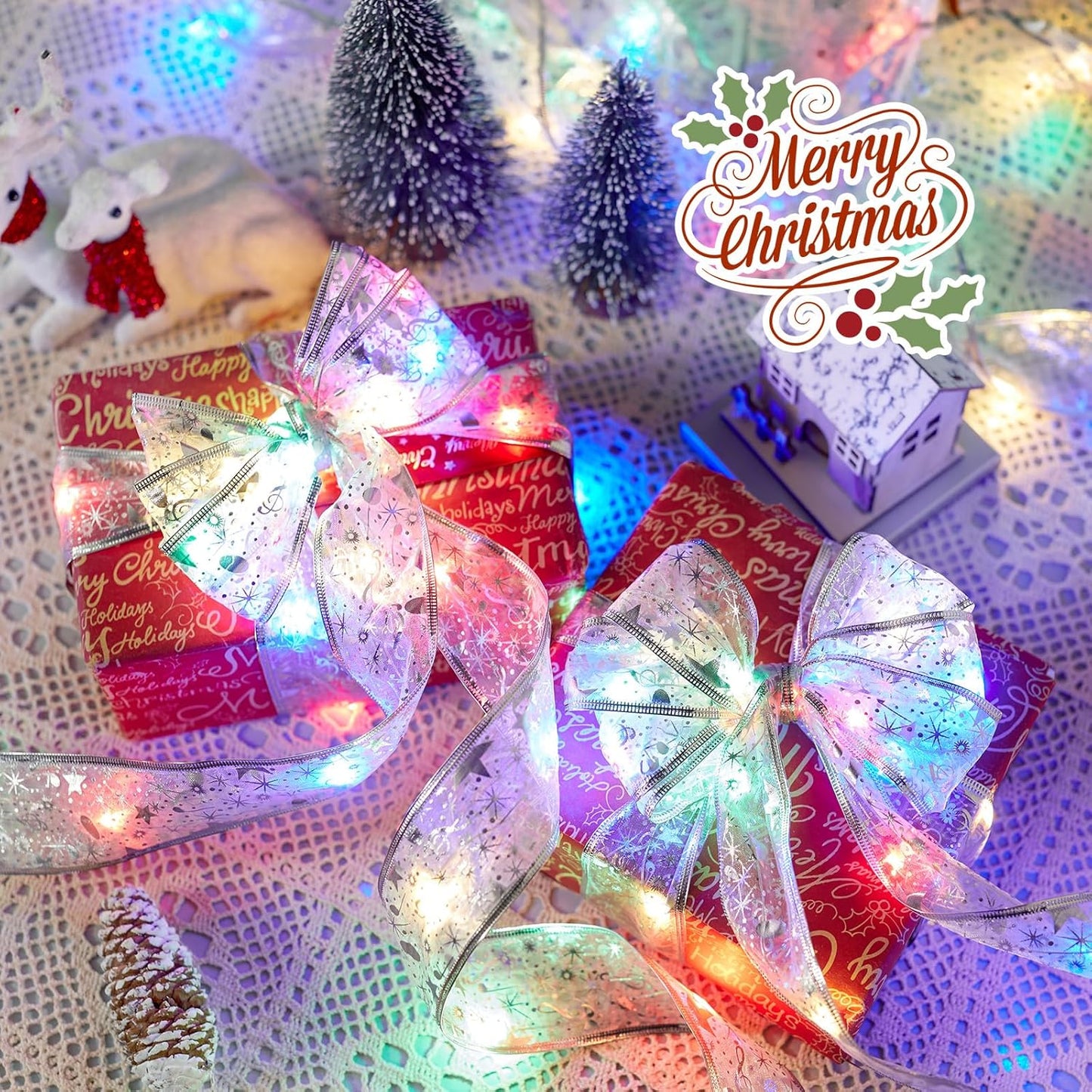 Christmas Tree Ribbon String Lights - 33ft 100 LED Battery Powered Fairy Lights with Timer and 8 Lighting Mode, Ribbon Bow Light for 6ft - 8ft Christmas Tree New Year Decor, Silver Ribbon, Multi-color