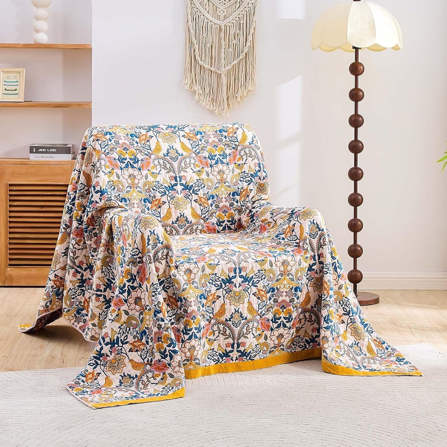 Boho Blanket Throw Quilt, 100% Cotton Soft Light Weight Throw Blankets for Summer, 60"x80" Farmhouse Flower Decorative Blankets, All Season Rustic Reversible Bohemian Throw Quilt