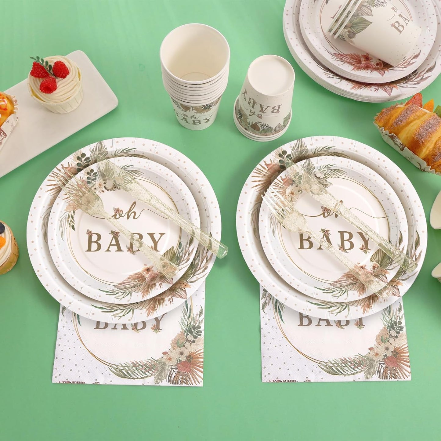 350 Pcs Boho Baby Shower Decorations for Girl, Baby Shower Plates and Cups and Napkins Sets, Oh Baby Plates for Western Sweet Baby Girl, Summer Fall Gender Neutral, Serves 50