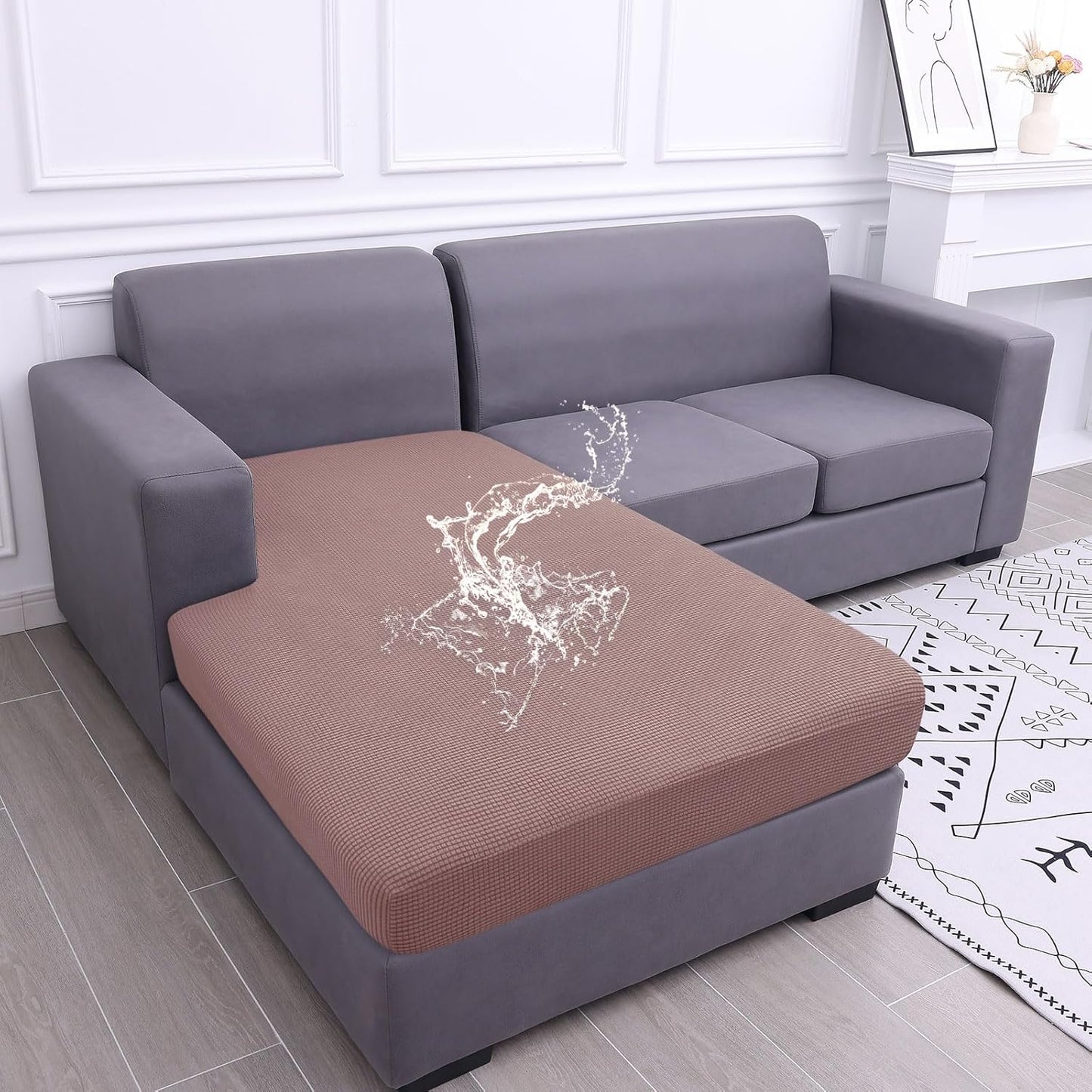 hyha Waterproof Sectional Couch Covers, Non Slip Sofa Couch Cushion Covers L Shape, Thick Stretch Jacquard Fabric, Washable Sofa Slipcovers with Elastic Bottom (1 Piece for Chaise, Camel)