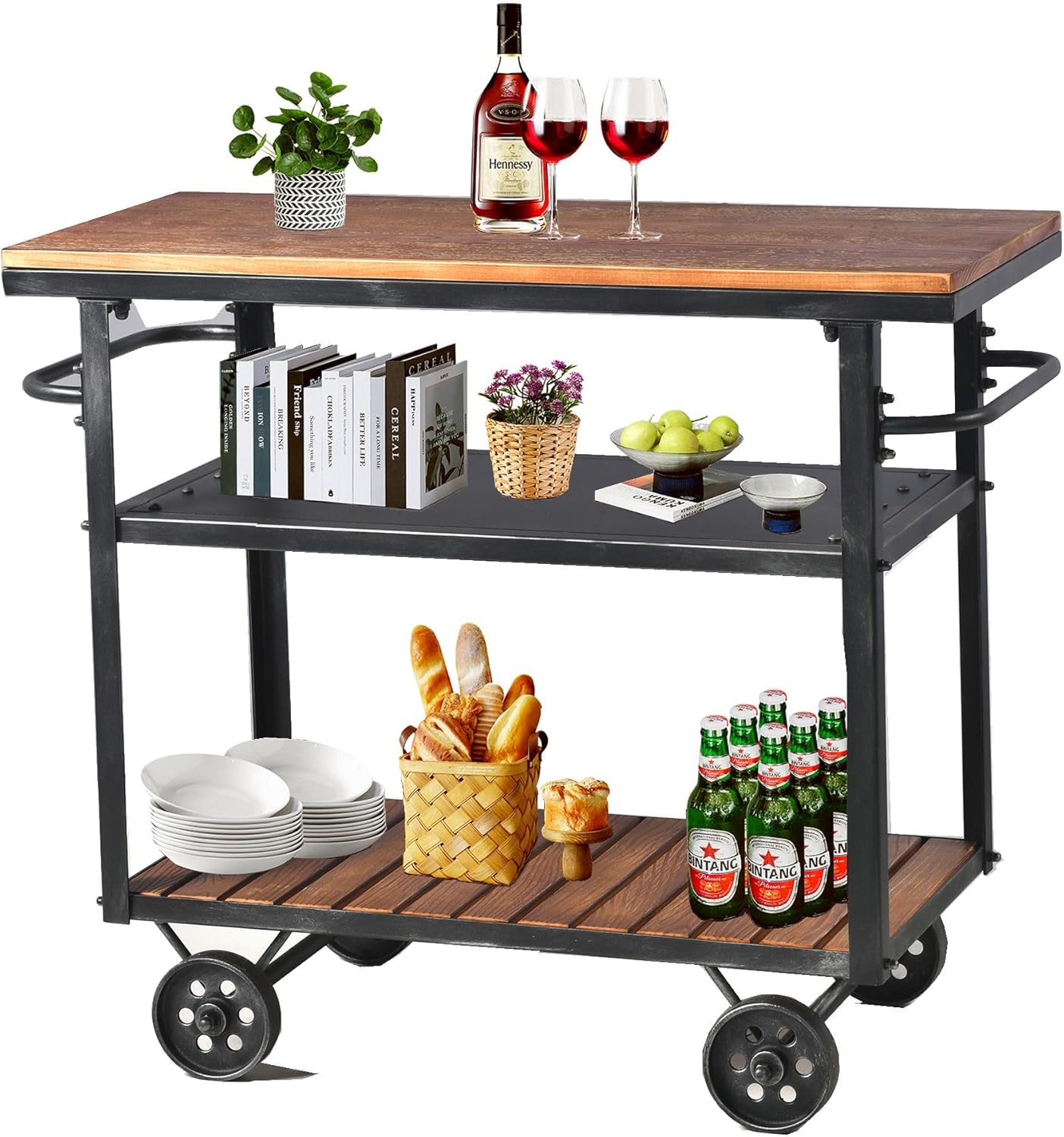 Diwhy Industrial 3 Tier Rolling Utility Storage Cart Wine Beverage, Metal Wine Rack with Wheels Kitchen Bar Dining Room Tea Wine, Storage Cart with Wood