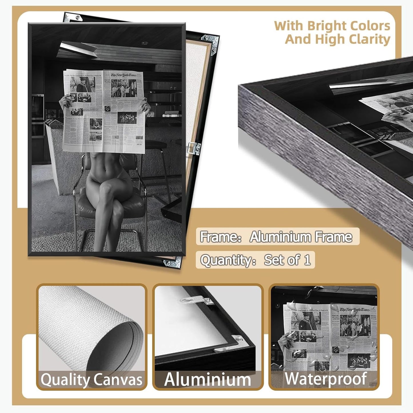 Sexy Glamorous Reader Poster Feminist Art Black and White Preppy Canvas wall art Retro Room Aesthetic Newspaper prints painting Trendy Naked Women Art wall decor 12x16in Framed