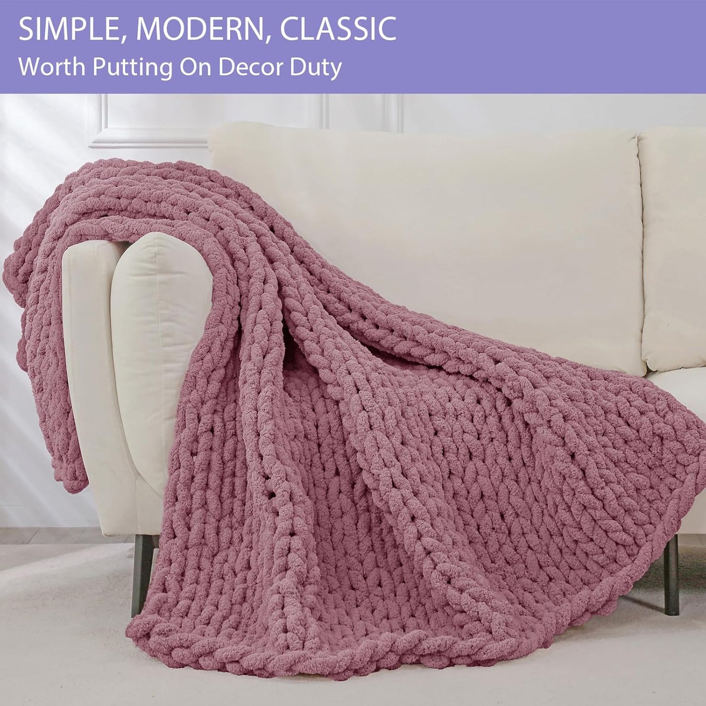 Bigacogo Chunky Knit Throw Blanket for Couch, 40x80 inches, 100% Hand Knitted with Thick Jumbo Chenille Yarn, Cozy Soft Large Rope Knot Cable Crochet Blankets for Sofa Bed Living Room, Burnt Rose