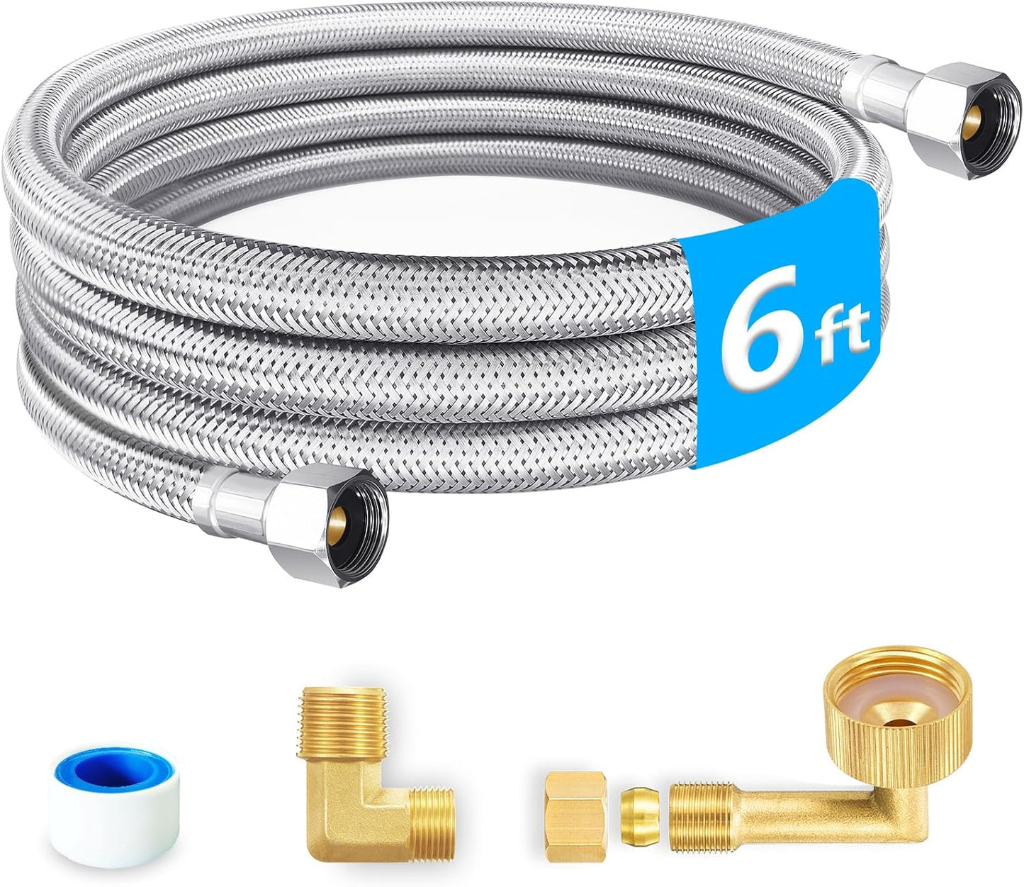 Dishwasher Installation Kit - 6 FT Premium Stainless Steel Braided Dishwasher Hose kit,Food Grade PEX Inner Tube Dishwasher Water Supply Line with 3/8"x3/8"MIP Elbow,3/8"x 3/4" FHT Elbow