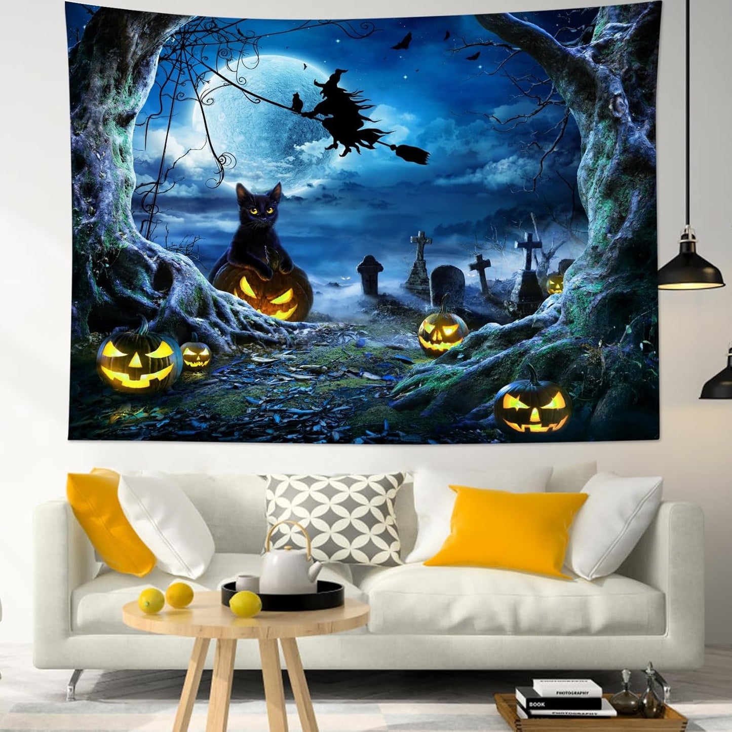 LB Halloween Wall Tapestry 80x60 Inch - Spooky Graveyard Scene with Witch, Black Cat, Pumpkin, Full Moon & Dead Tree Decor for Bedroom, Living Room, Dorm, Party
