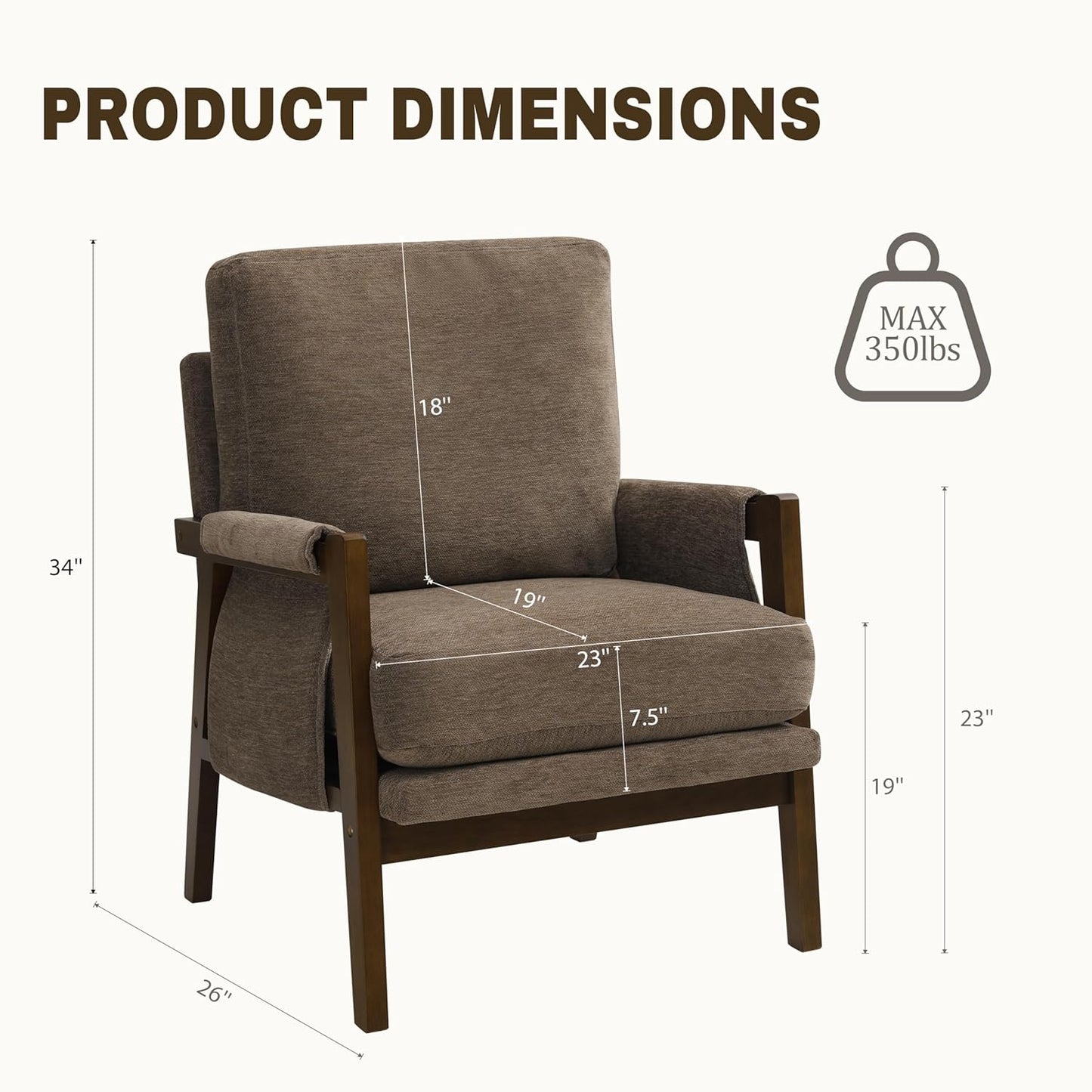 Modern Accent Chairs Set of 2 for Living Room Mid Century Arm Chairs Upholstered Bedroom Chairs Comfy Lounge Chairs with Solid Wood Frame, Dark Brown