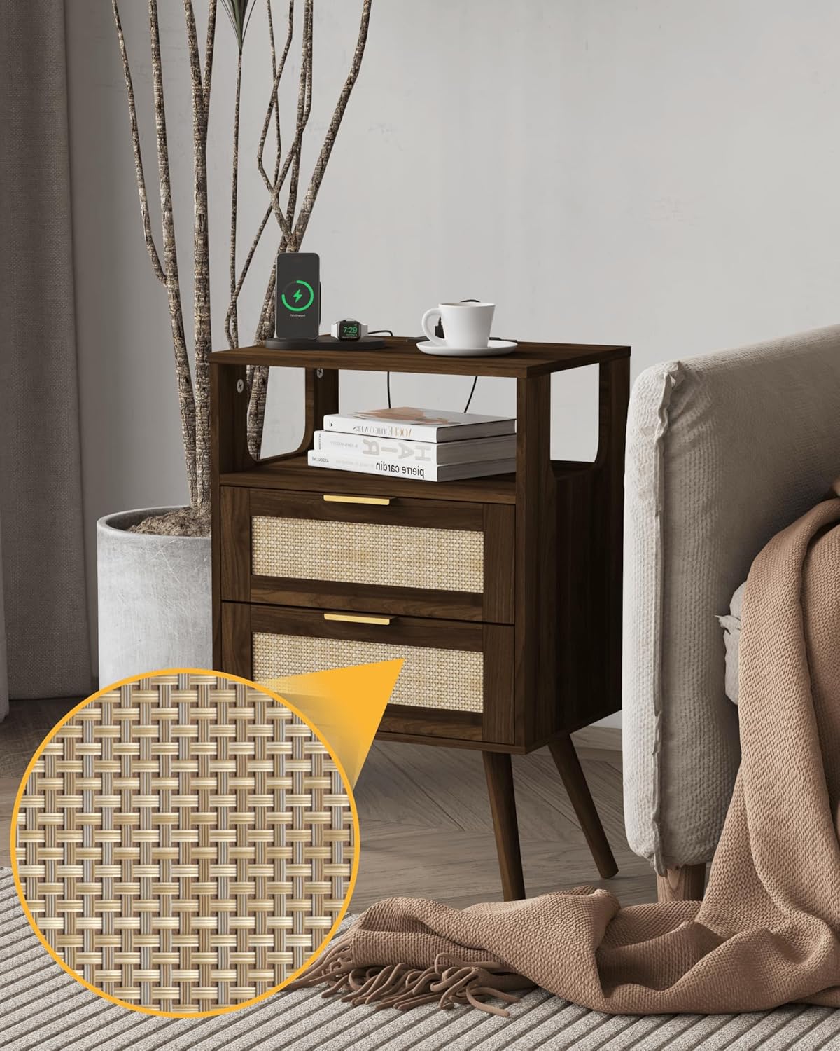 Rattan Nightstand with Charging Station,Modern Bedside Table with 2 Storage Drawer and Open Wood Shelf, for Bedroom and Small Spaces,Night Stand with Solid Wood Legs (Walnut Brown)