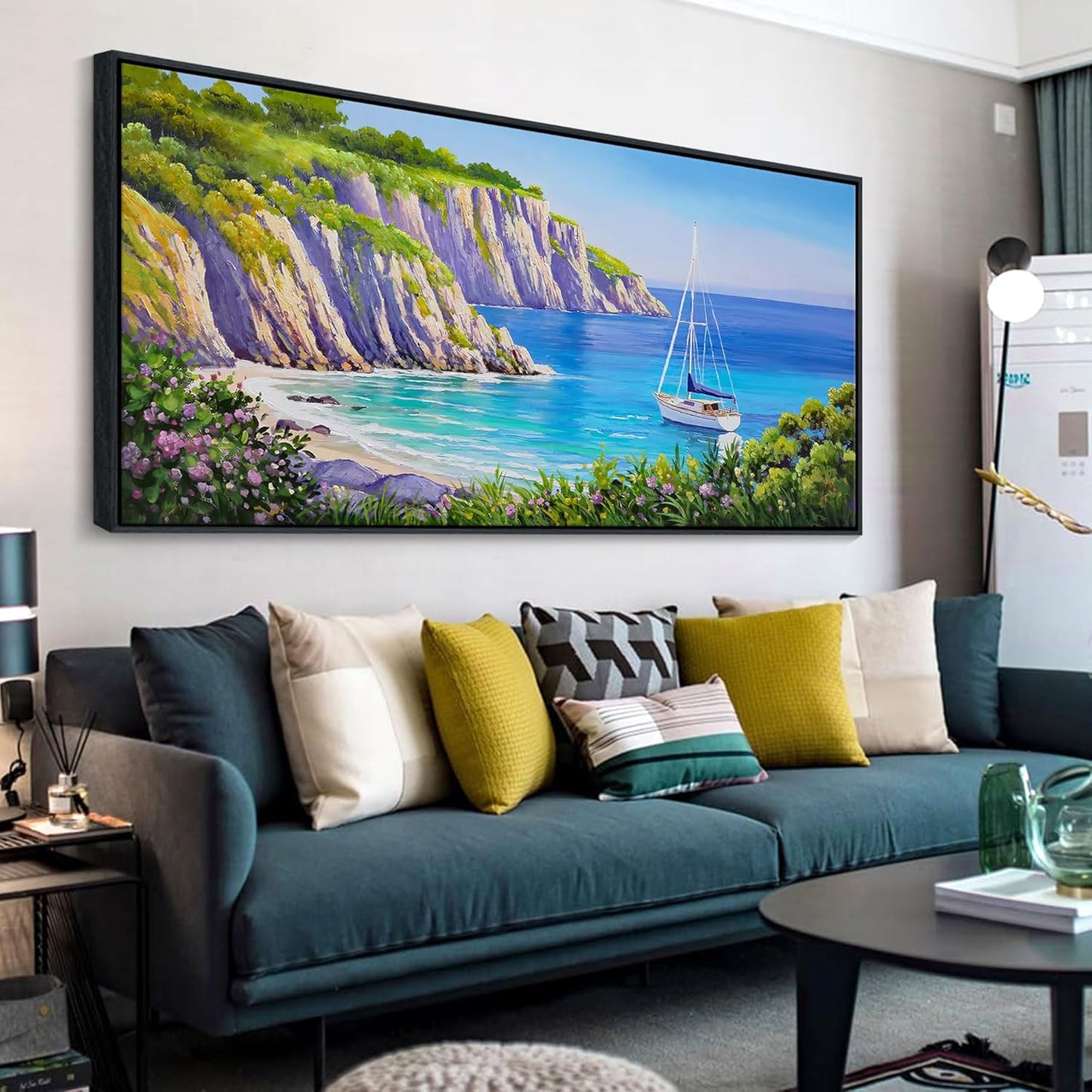 QZQCBLC Large Blue Wall Art, Purple Wildflowers Coastal Sailboat Mountain Canvas Pictures Modern Ocean Landscape Paintings Artwork for Living room Bedroom Home Office Framed Beach Decor 29x58