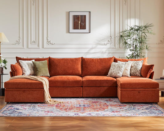 134.6" Oversized Modular Sectional Sofa, 6 Seater U Shaped Couch with Storage Ottoman with Reversible Chaise Deep Seat for Living Room, Apartment - Chenille Terracotta Orange