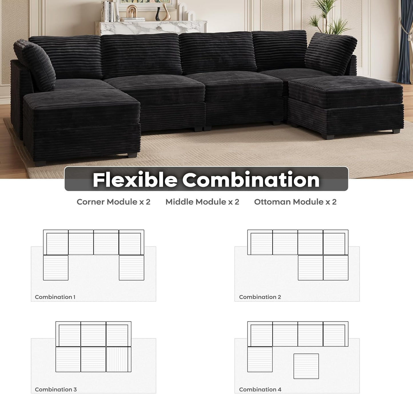 ovios Sectional Sofa Couch with U-Shape Chaise Ottomans, Comfy Modular Cloud Couches with Deep Seat, Modern Upholstered Plush Corduroy Sofas Set for Living Room, 6-Seater, Black