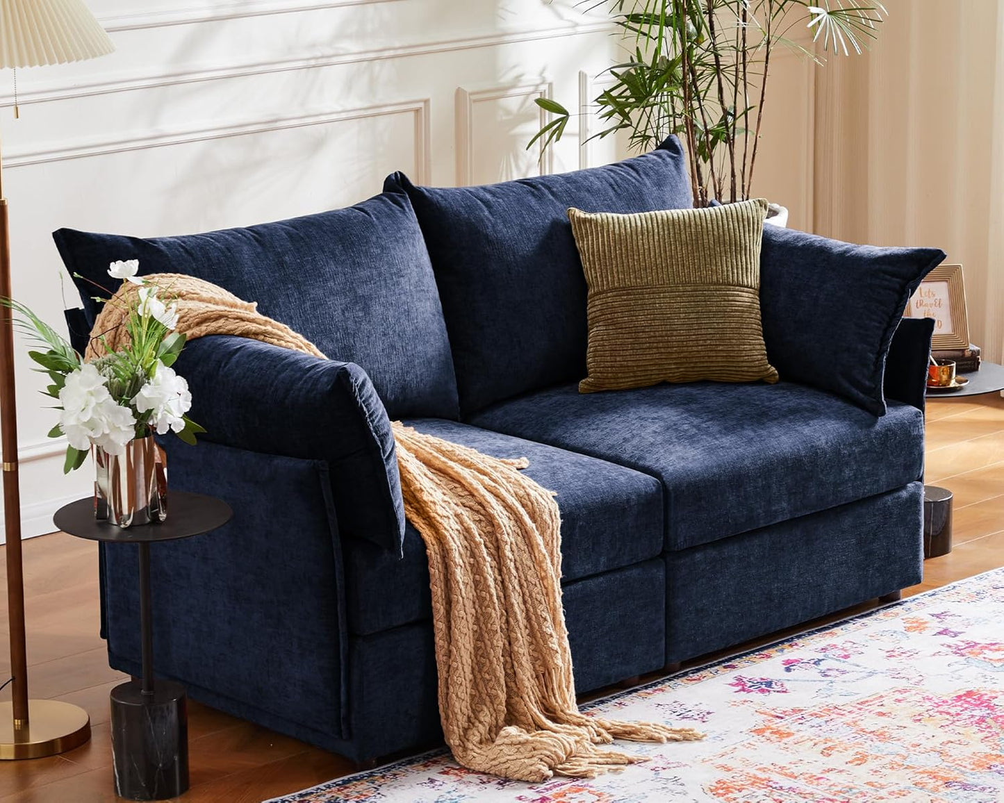 Oversized Loveseat Sofa, Modern Modular Sectional Couch Blue Fluffy Chenille Mid Century 2-Seat 24.5" Deep Seat for Apartment, Living Room, Bedroom