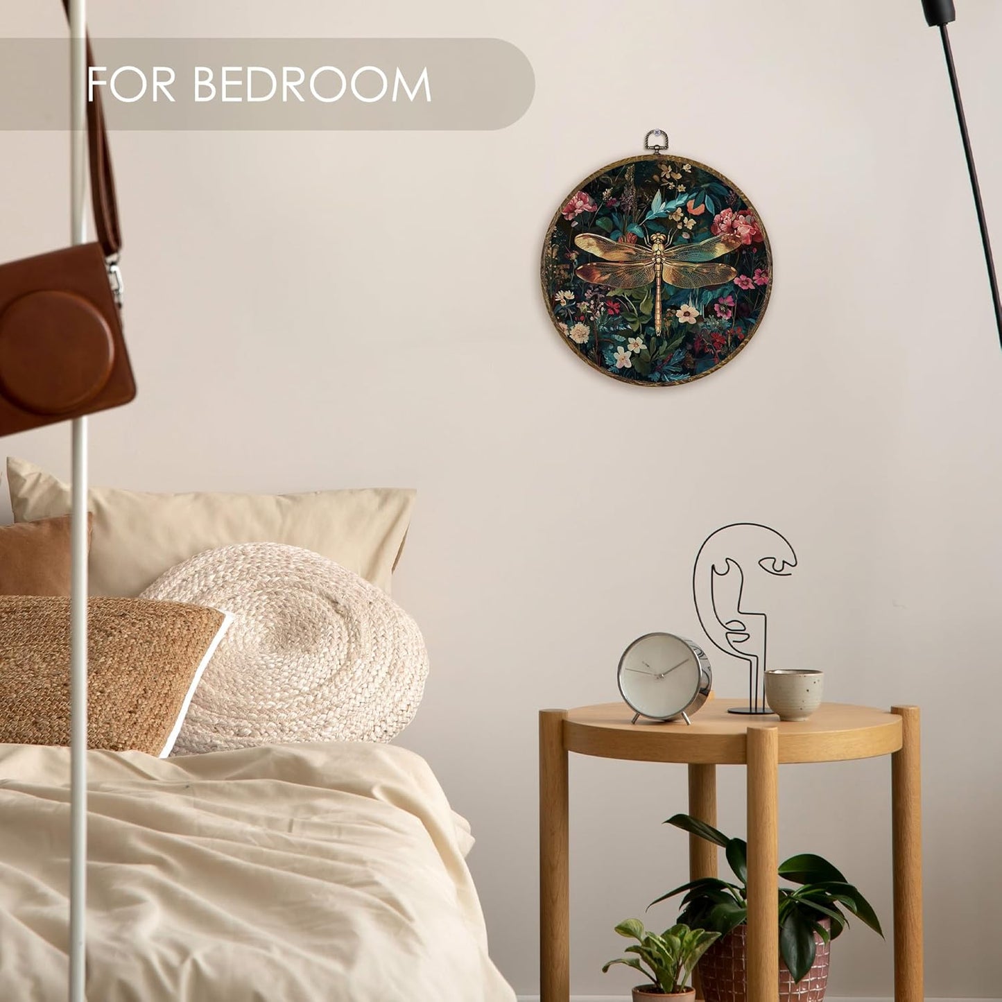 Fewgb Vintage Dragonfly Round Wall Art Decor Framed for Gallery Bedroom Living Room Kitchen Bathroom, Dark Black Floral Canvas Wall Art Prints Picture, Flower Hanging Room Decor Artwork 10x10