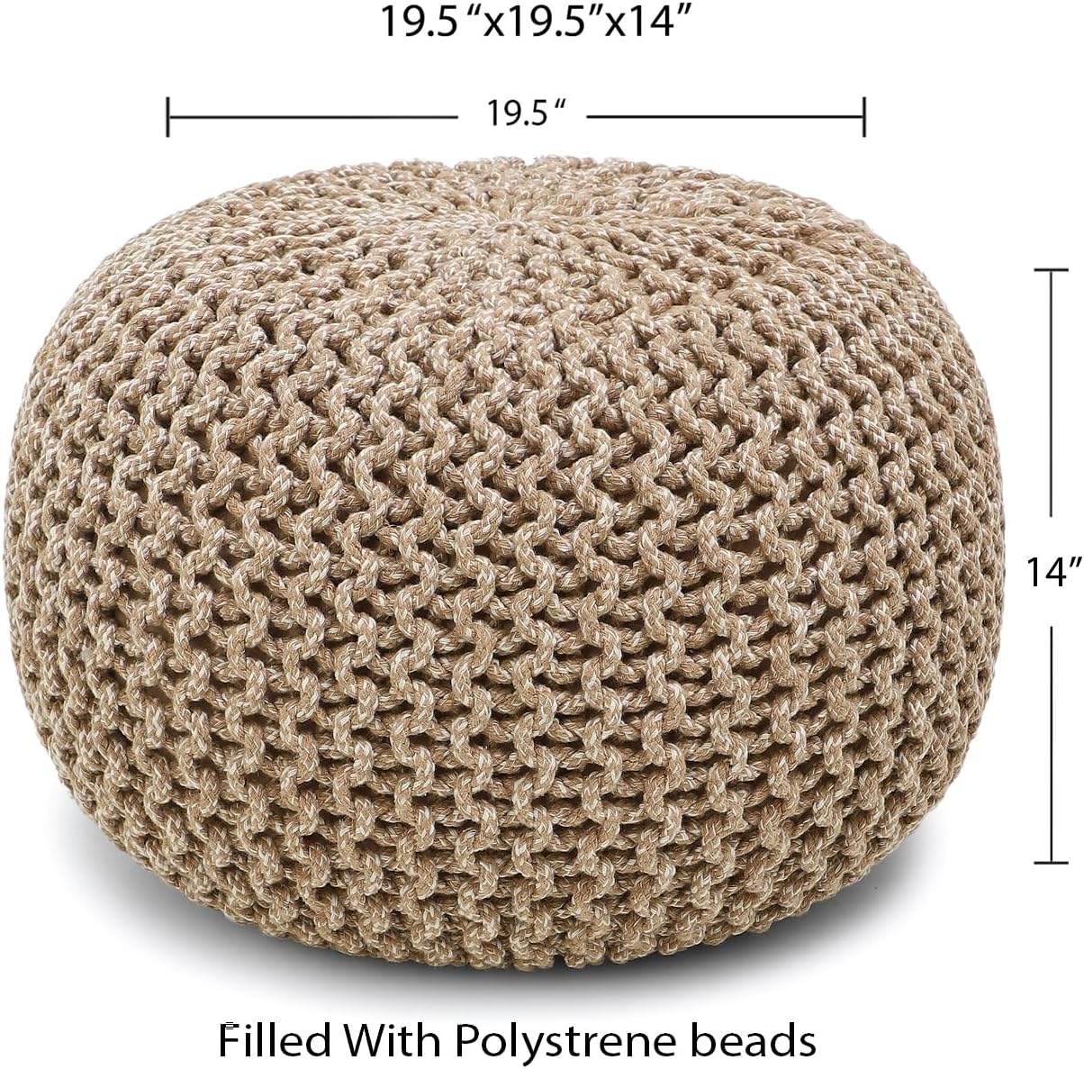 REDEARTH Round Pouf Ottoman - Hand Knitted Cable Boho Poof Home Décor Pouffe Circular Footrest for Living Room - Nursery - Bedroom - Lounge 100% Cotton (19.5"x19.5"x14") - Beige Ivory