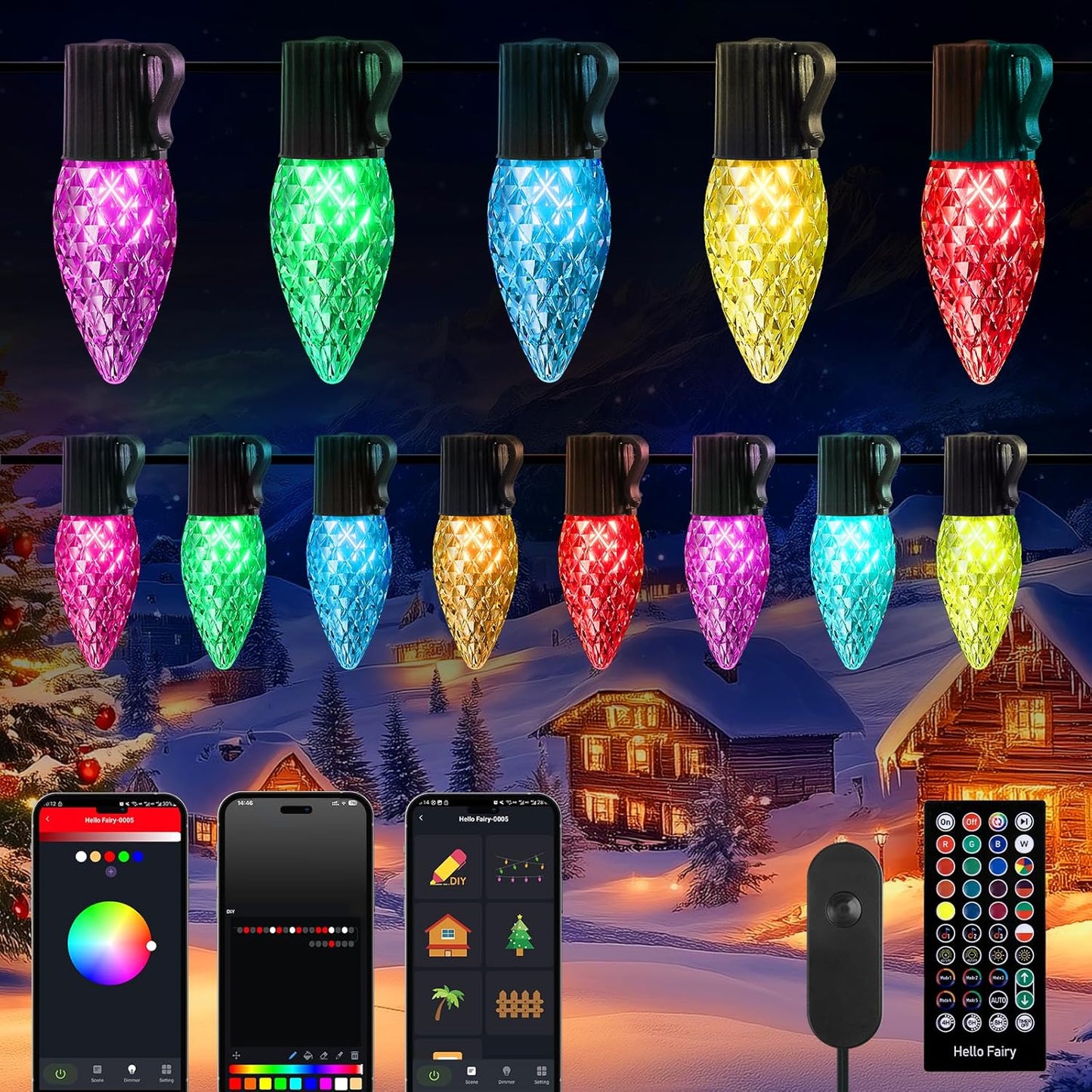 Brightown C9 LED Christmas Lights Outdoor, 200LED RGB Smart Christmas Tree Lights Music Sync DIY APP Controlled, Waterproof Connectable C9 String Lights for House Indoor Patio Xmas Decoration
