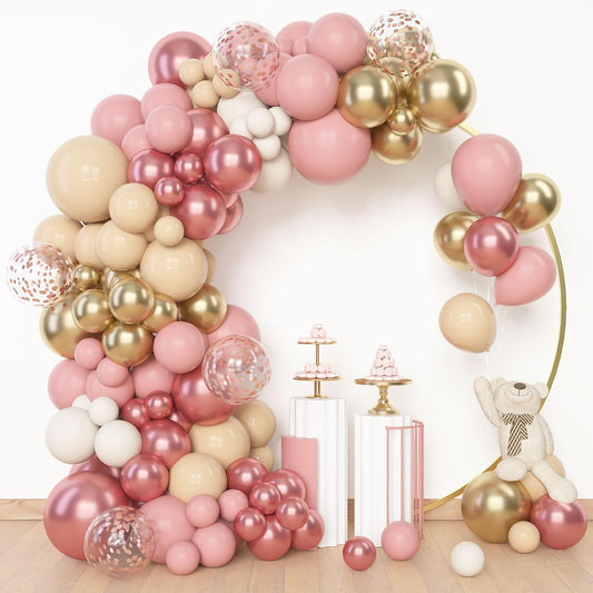 Amandir 153Pcs Boho Blush Balloon Garland Arch Kit, Double-Stuffed Nude Cream Peach Dusty Rose Pink Gold Confetti Metallic Balloon for Baby Shower Birthday Party Wedding Decorations