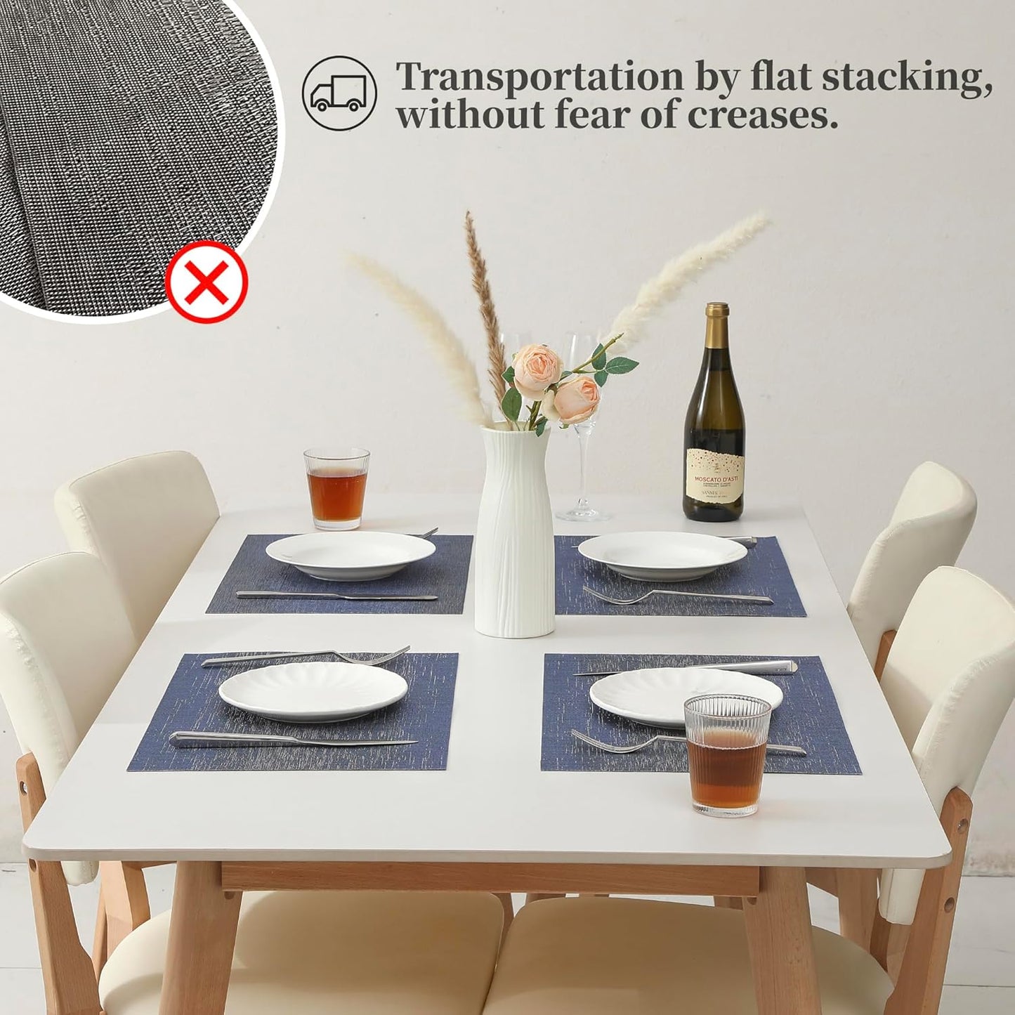 Leetaltree Denim Blue Placemats Set of 4 - Heat Resistant Non-Slip Place mats for Dining Table, Washable Durable PVC Vinyl Woven Table Mats（Denim Blue, 4）