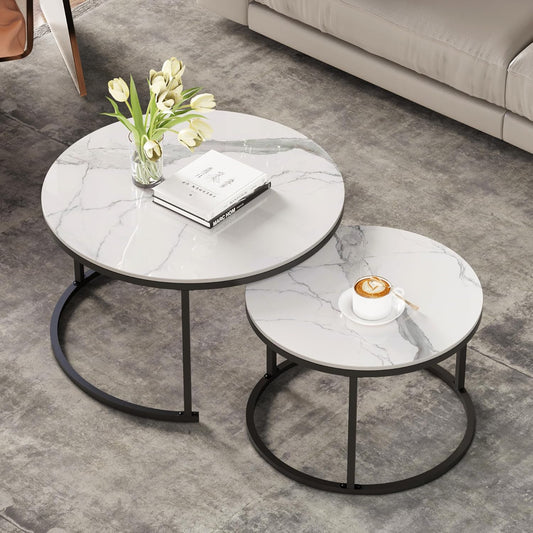 Round Nesting White Modern Decorative Coffee Table (Set of 2), Sintered Stone Top & Sturdy Metal Frame for Living Room
