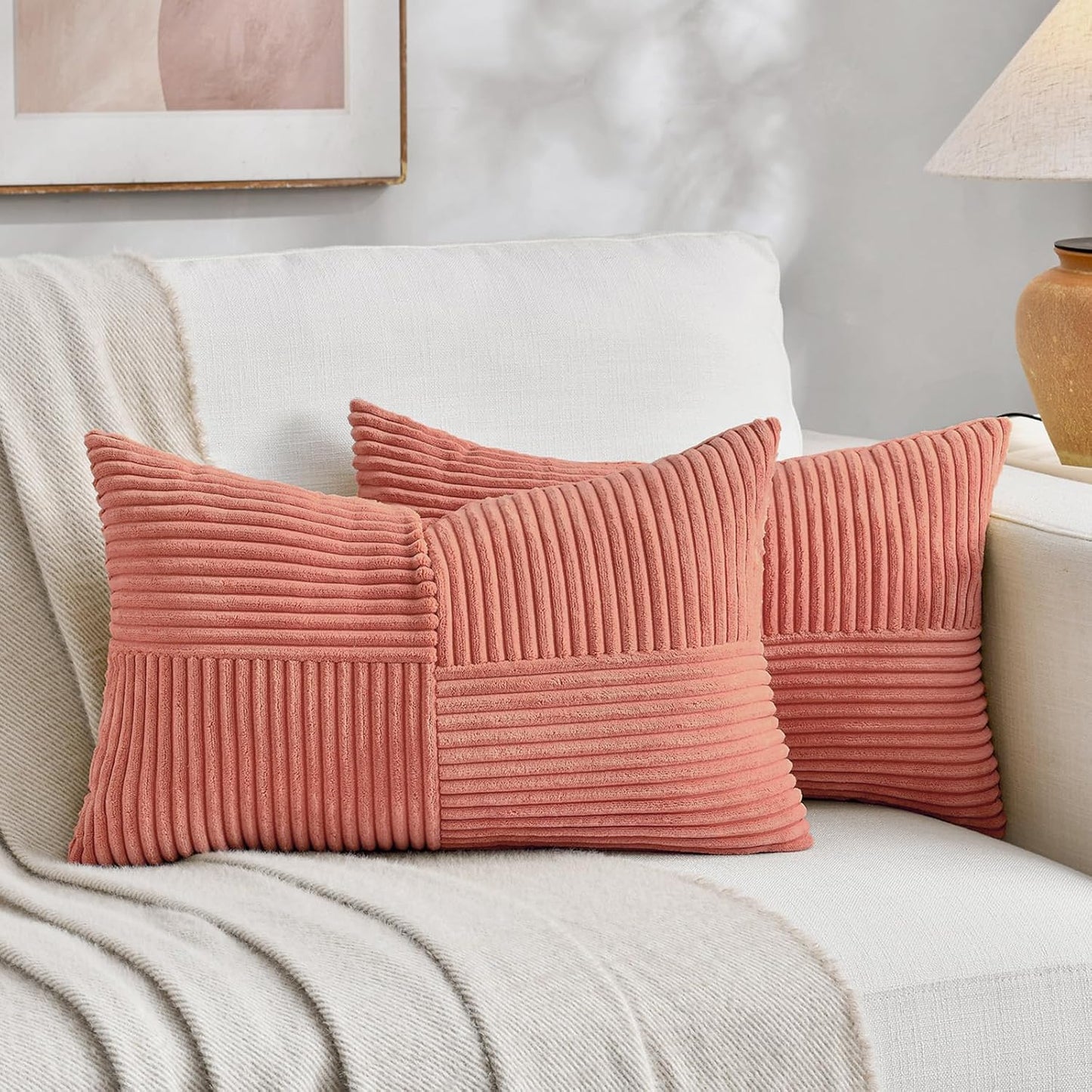 Fancy Homi 2 Packs Coral Long Lumbar Decorative Throw Pillow Covers 16x24 Inch for Couch Bed Sofa, Rustic Farmhouse Boho Home Decor, Soft Striped Corduroy Rectangle Accent Peach Cushion Case 40x60 cm