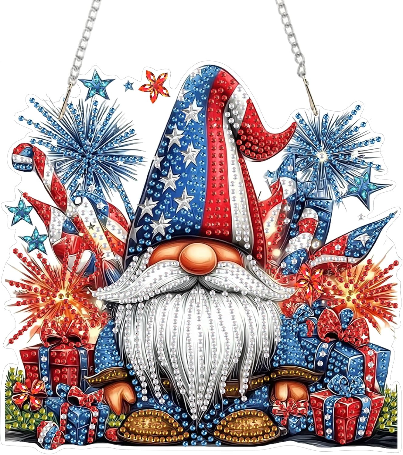 SENQAO Gnome Diamond Art Hanging Kit for Adult, Special Shaped Rhinestone, Double Sided DIY Acrylic Diamond Art Painting Window Pendants Home Garden Wall Hanging Kits Hanging Ornament(4Th of July)