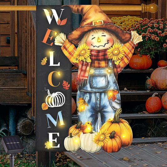 Thanksgiving Lighted Garden Flag, Solar Fall Outdoor Decor Yard Flag,8 Modes Led Scarecrow Flag,28x40 Double Sided Maple Leaf Pumpkin Bird Decorations for Home Porch