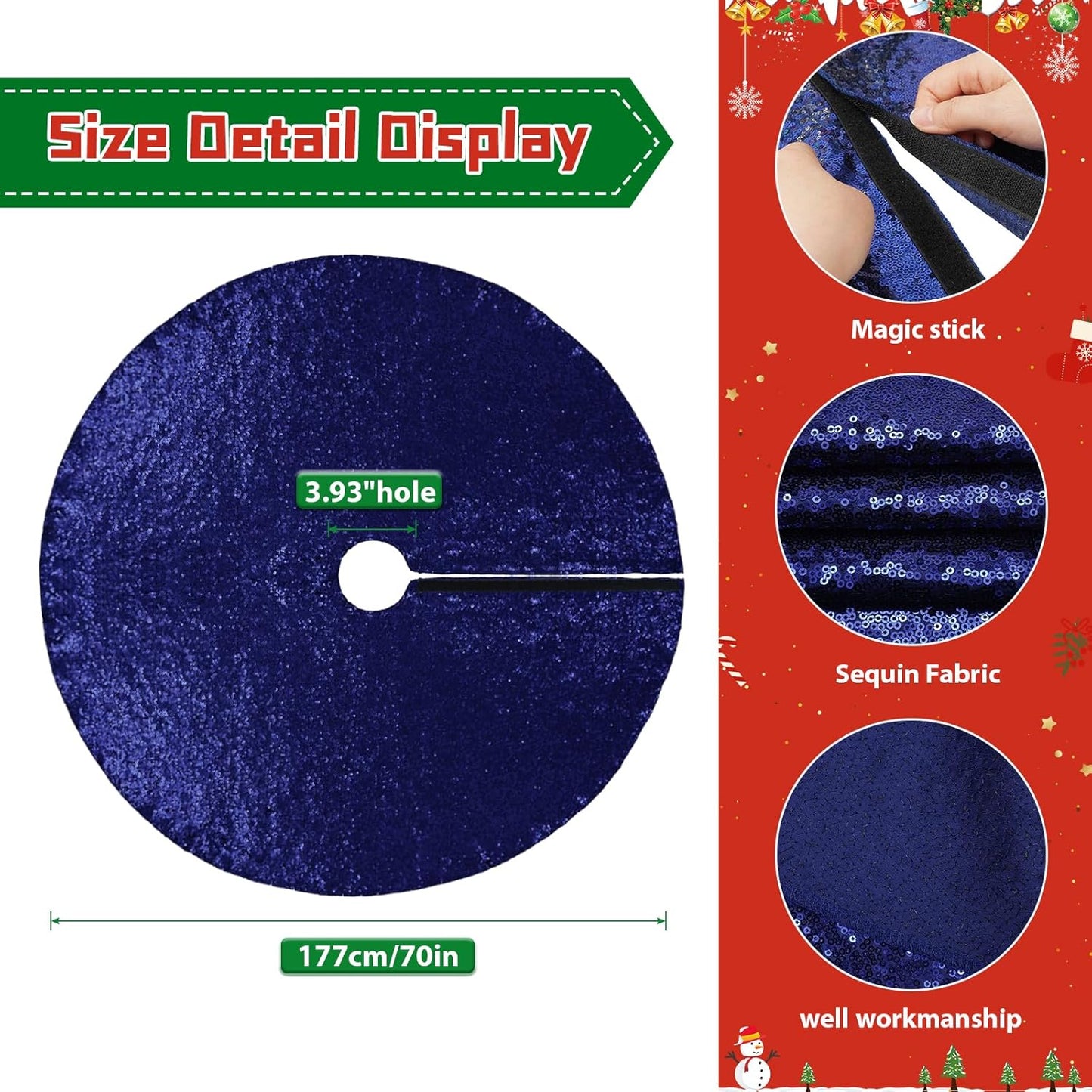 Eternal Beauty Christmas Tree Skirt, 70 Inch Navy Blue Sequin Tree Skirt Small Xmas Tree Skirt for Christmas Tree Decorations