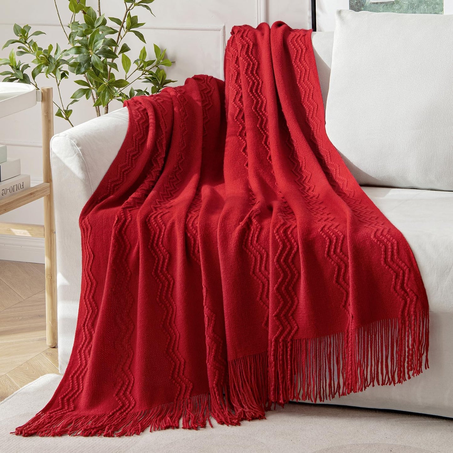 MIULEE Red Knitted Throw Blanket for Couch Boho Textured Cozy Woven Blanket with Tassels for Sofa Chair Bed Living Room Acrylic Wave Pattern 50"x60"