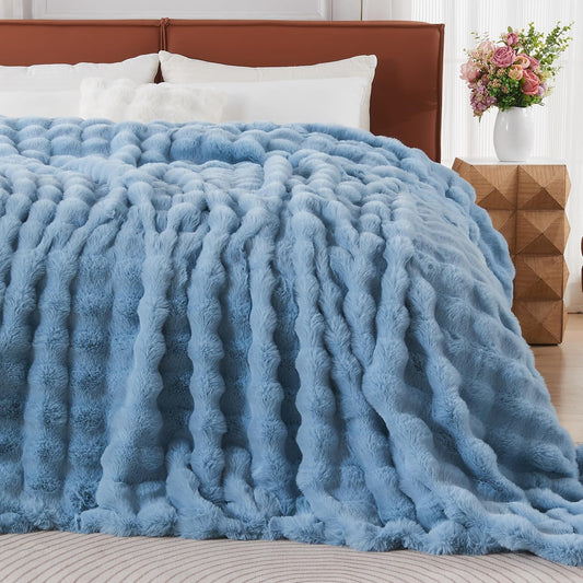 Lotus Karen Faux Fur Throw Blanket Sky Blue - Big Bubble Rabbit Fluff Blanket for Couch Bed Sofa,Softest Fluffy Fuzzy Cozy Blanket,Thick Furry Plush Shaggy Warm Blankets for Women,90x90 Inches