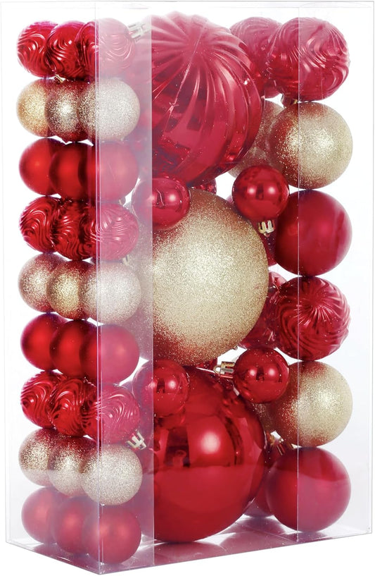 Christmas Ball Ornaments for Xmas Decorations,50 pcs Christmas Extra Large Tree Shatterproof Ornaments-Red&Gold (Combo of 5 Style in 3 Sizes)