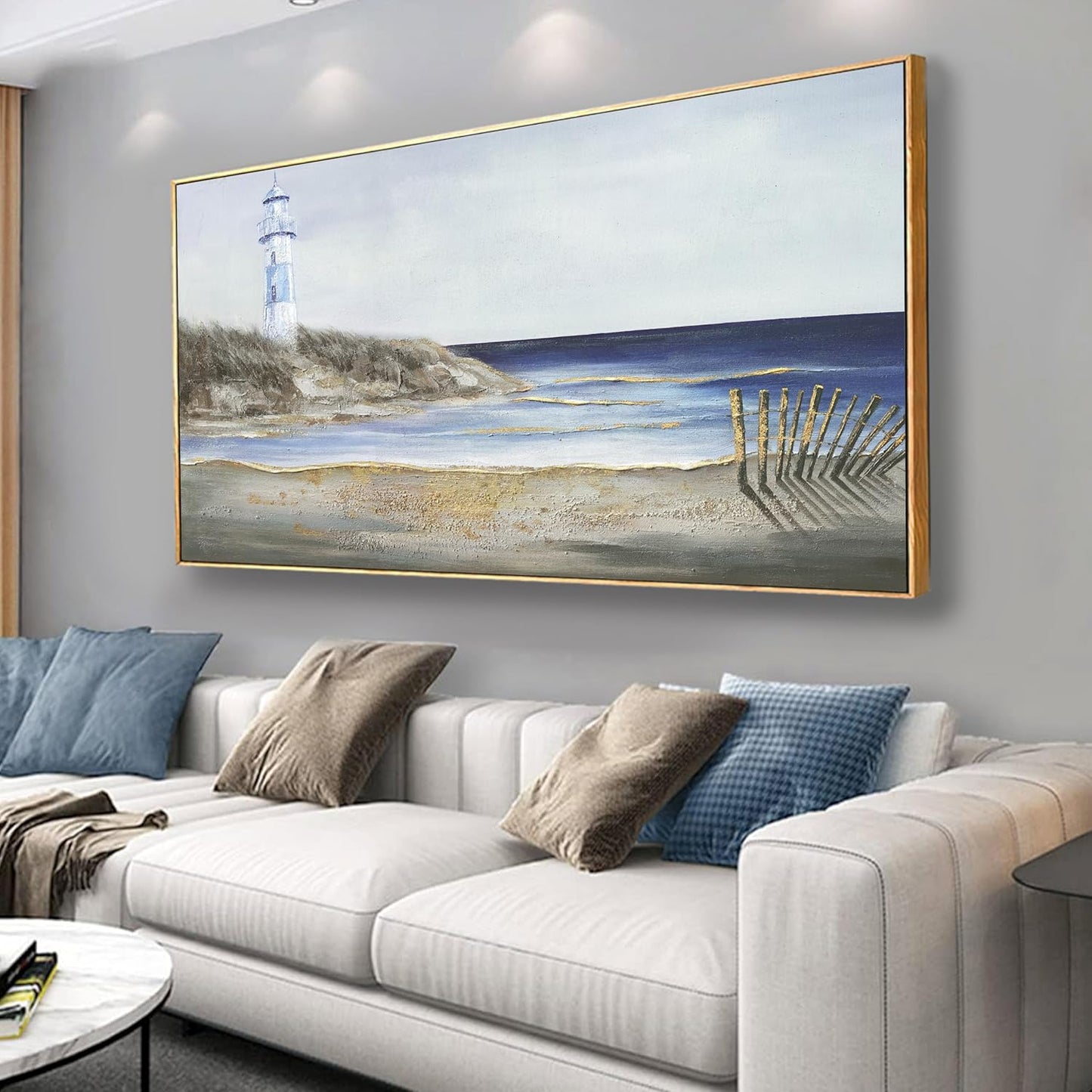 Yuaxker Large Ocean Wall Art Blue and Gold Wall Decor Framed Artwork Vogue Canvas Painting for Living Room Bedroom Dining Room Office Home Decor 30x60 Inch