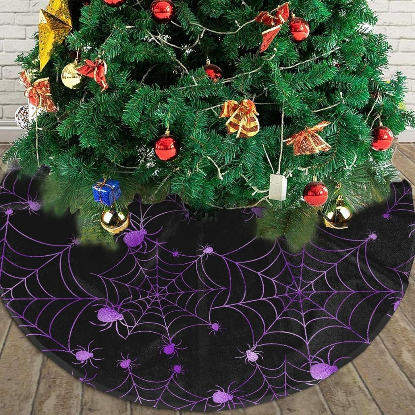 Christmas Tree Skirt,Purple Spider Web Xmas Tree Skirt Rustic Farmhouse Tree Skirt for Christmas Decor Xmas Holiday Home Party Decorations36