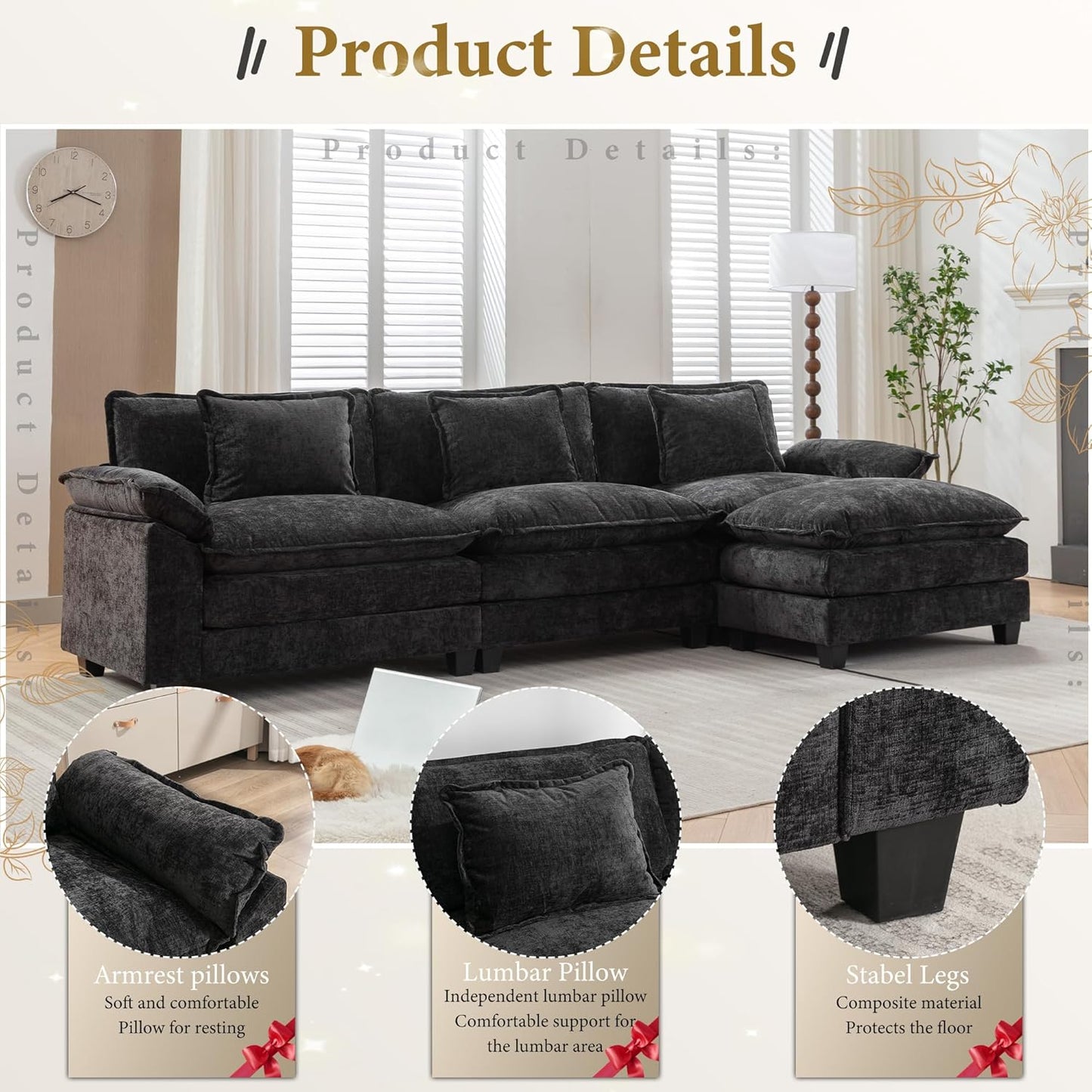 URRED Modular Sectional Sofa Comfy Cloud Couch, Modern Chenille Sofa Sleeper Deep Seat Couches with Ottoman/Pillows for Living Room (Black, 117''- L Shape)