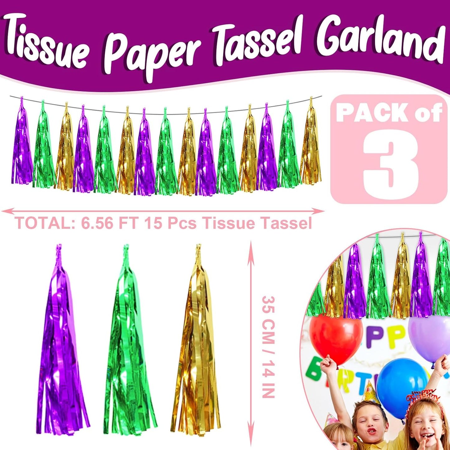 3P Purple Green Gold Foil Fringe Metallic Tassel Streamers Banner Tassel Garland for Parade Floats, Bachelorette, Wedding, Birthday, Halloween, Christmas, Bridal/Baby Shower Party Decorations