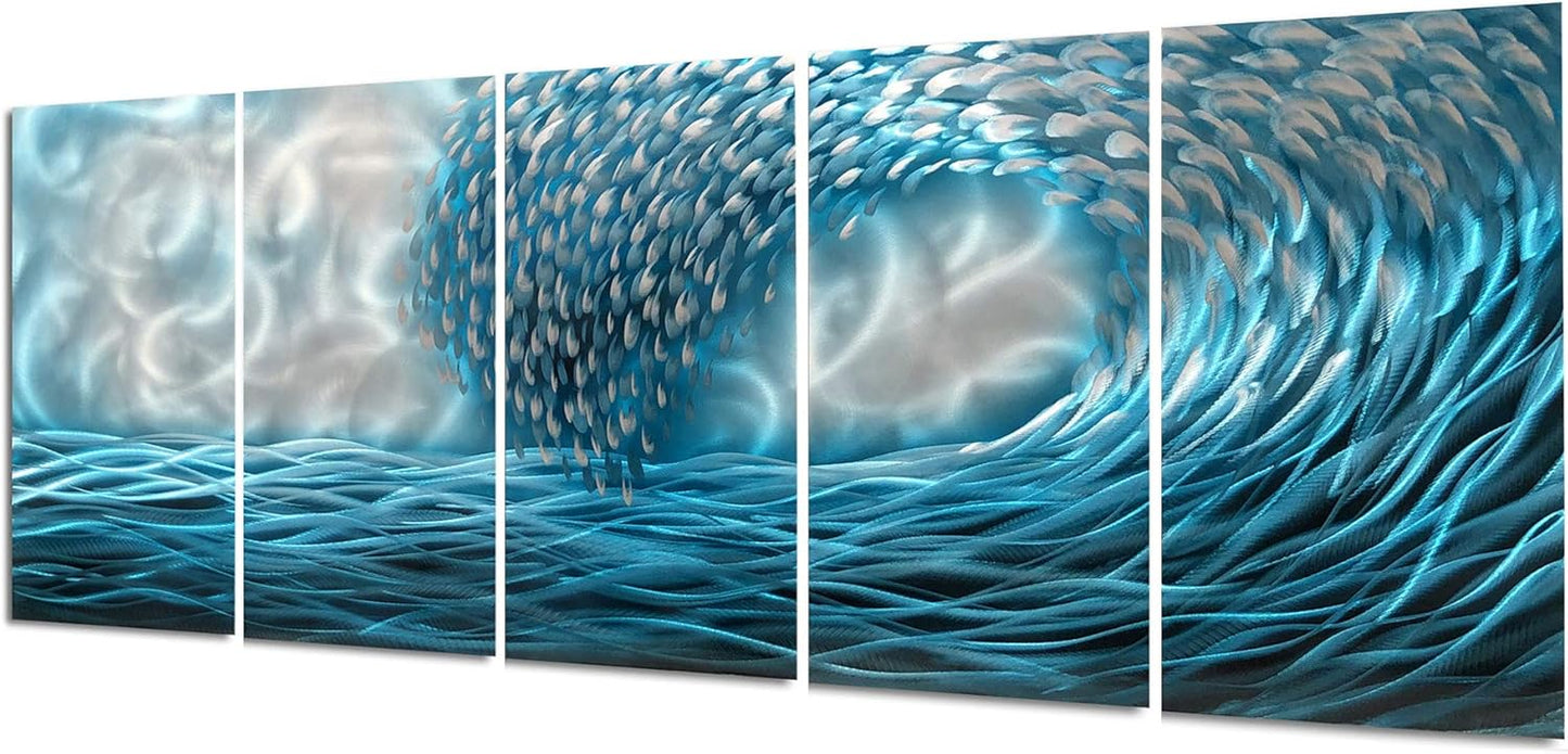 Yihui Arts Hand Crafted Blue Sea Wave 3D Metal Wall Art - Coastal 5 Panel Aluminum Sculpture for Big Abstract Office, Hallway, Fireplace, and Home Decor