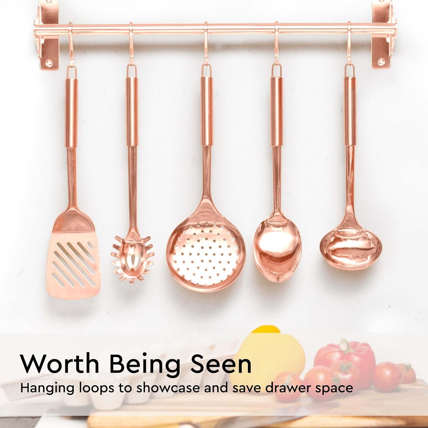 Copper Cooking Utensils Set – 5-Piece Rose Gold Stainless Steel Kitchen Tools for Cooking and Serving Includes Ladle, Spoon, Pasta Fork, Spatula, and Skimmer – Stylish Copper Kitchen Accessories