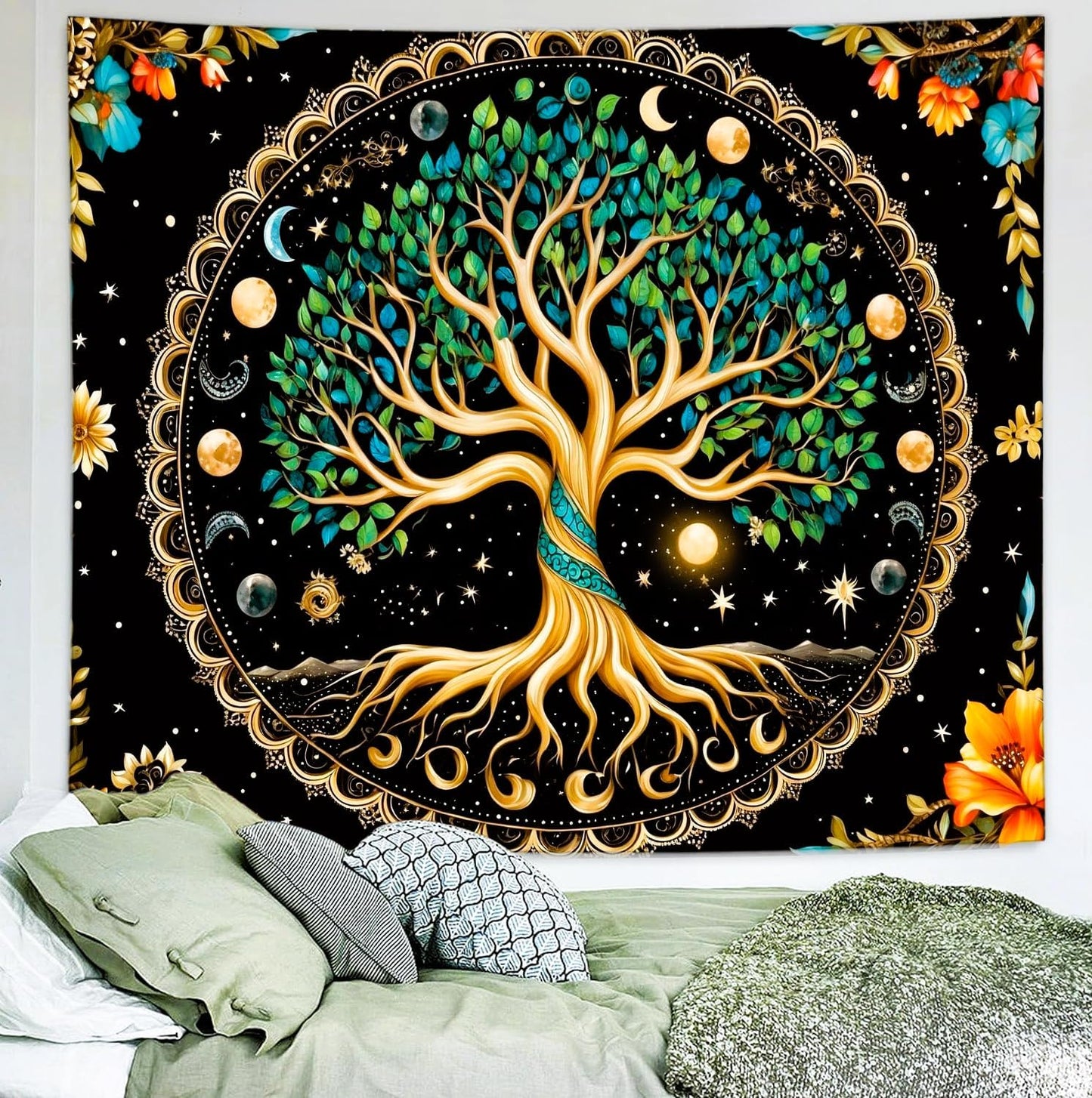 Delur Tree of Life Tapestry Moon Phase Nature Flower Plant Tapestry Wall Hanging Boho Mandala Spiritual Sun Aesthetic Psychedelic Headboard for Bedroom Living Room Home Decor (70.8" x 92.5")