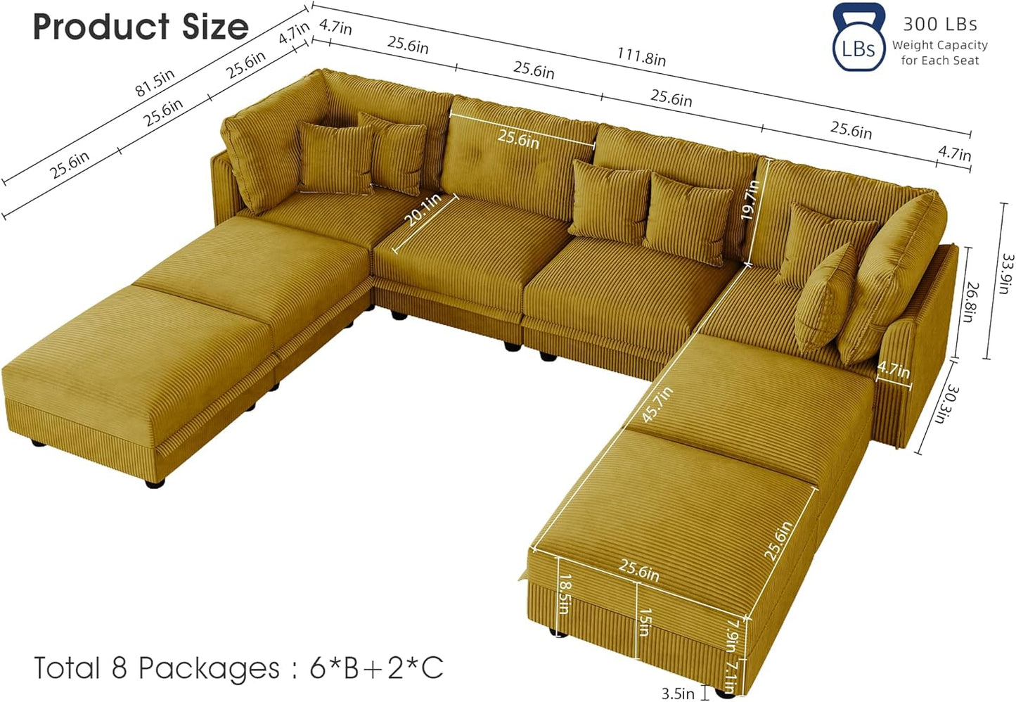 LLappuil Modular Sectional Sofa with Storage Seats, Corduroy Convertible Modular U Shaped Sectional Couch for Living Room, 8 Seat Oversized Sofa with 6 Back Cushion 6 Throw Pillow, Yellow