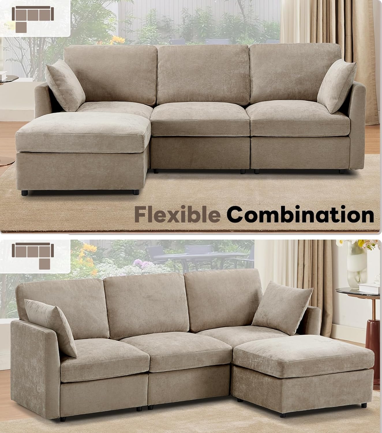 Tbfit 85" Convertible L Shaped Couch, Sectional Sofa for Living Room,Chenille Cloud Couch with Ottoman 4 Seat, Khaki